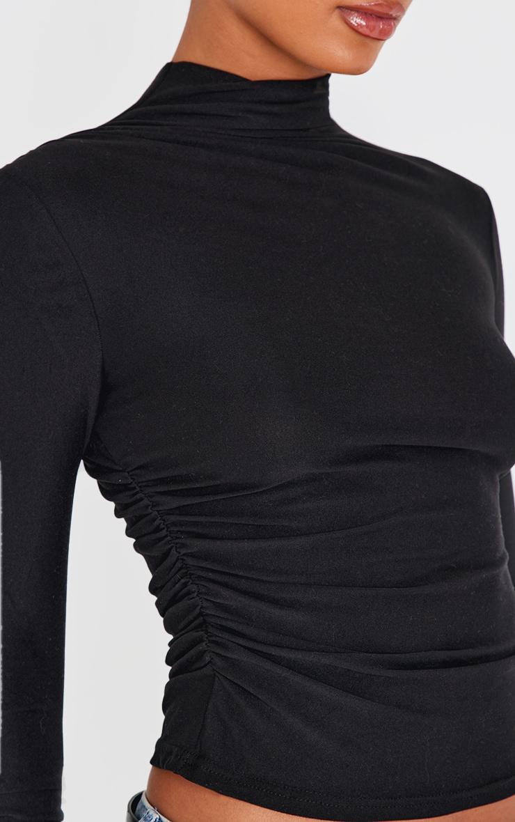 Black Soft Touch High Neck Ruched Sleeve Top Product Image