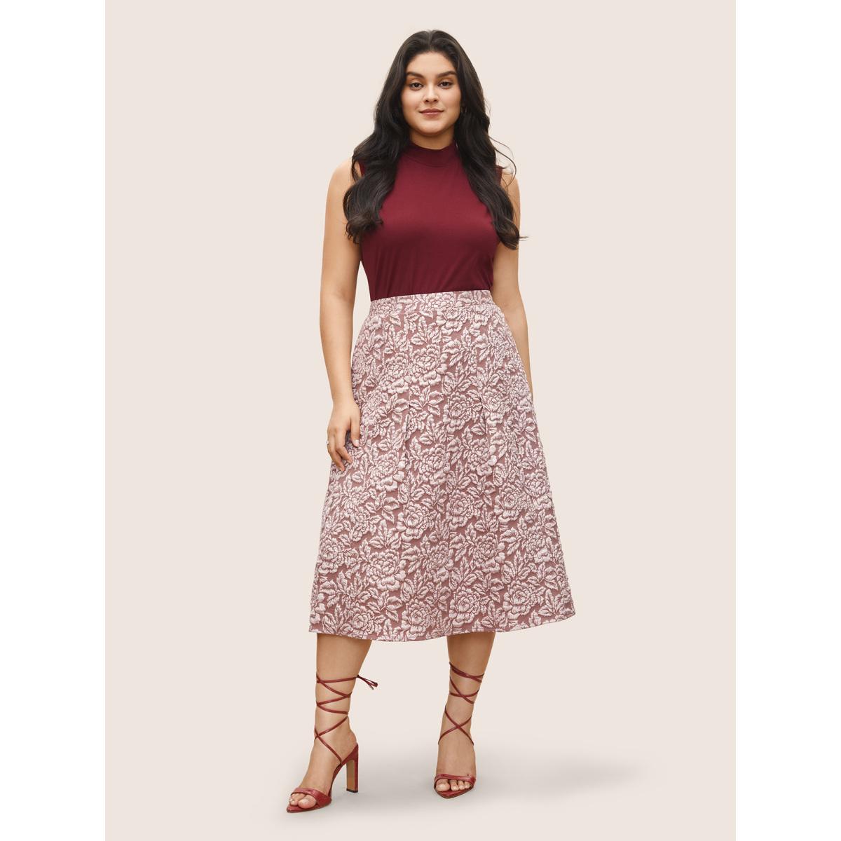 Plus Size Floral Plisse Pocket Plicated Detail Jacquard Skirt Women DustyPink Elegant Non No stretch Slanted pocket Everyday Skirts BloomChic 28/5X Product Image