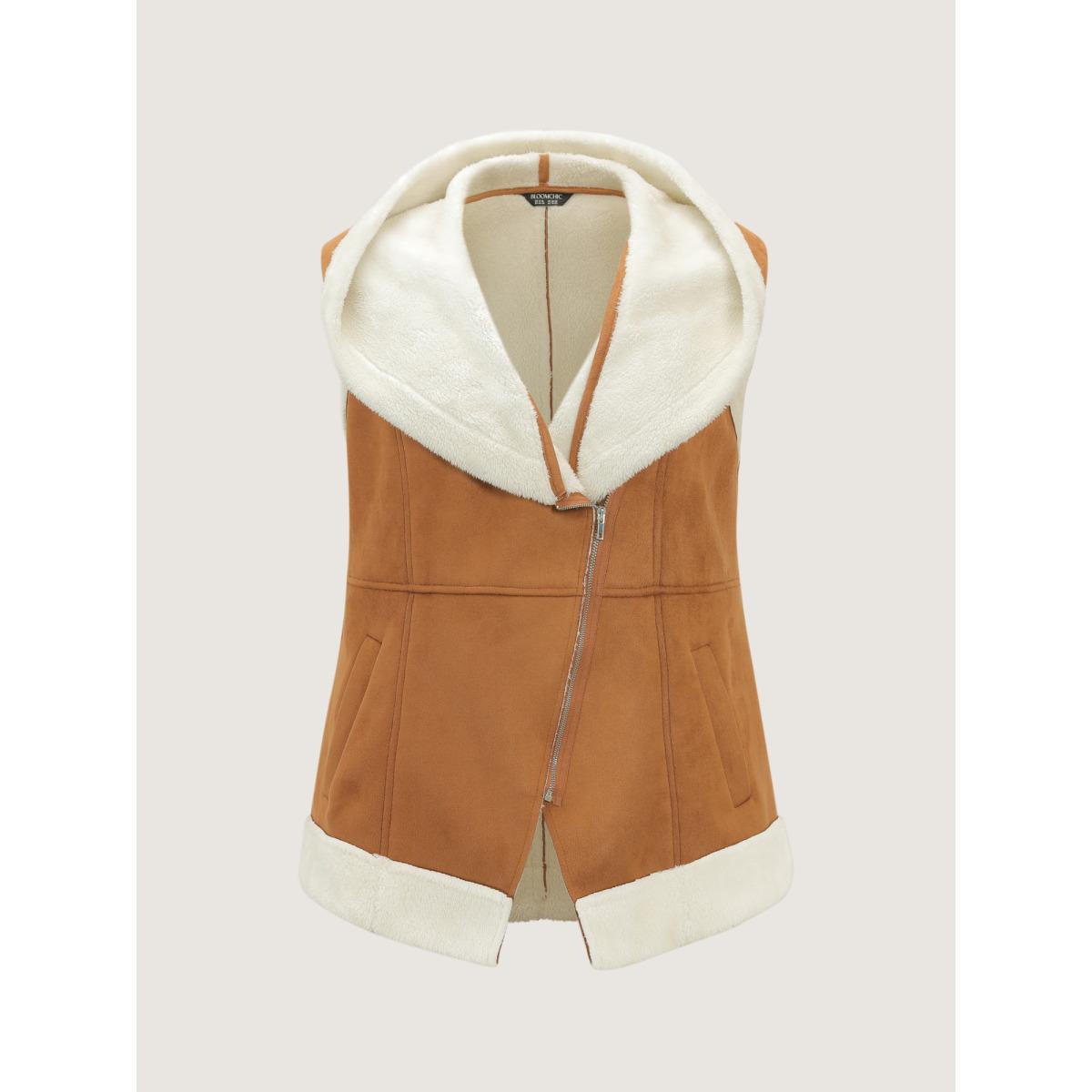 Plus Size Suede Fluffy Zipper Hooded Vest Coat Women Yellowishbrown Leisure Contrast Ladies Casual Winter Coats BloomChic 28/5X Product Image