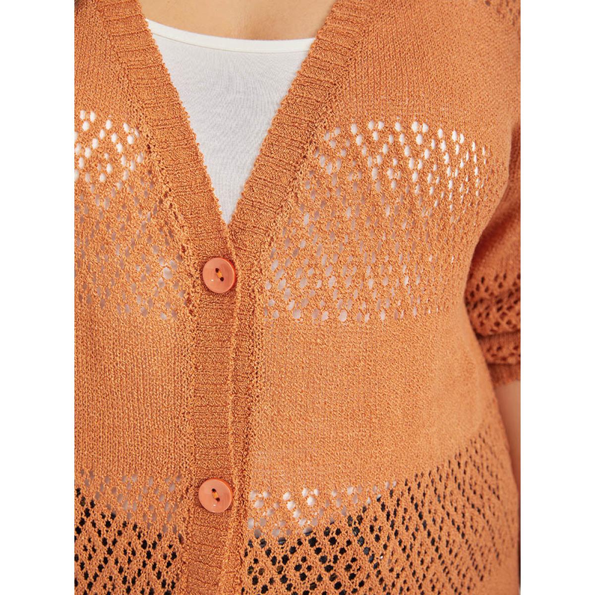 Plus Size Plain Geometric Eyelet Button Through Loose Cardigan Orange Women Casual Loose Long Sleeve Dailywear Cardigans BloomChic 22-24/3X Product Image