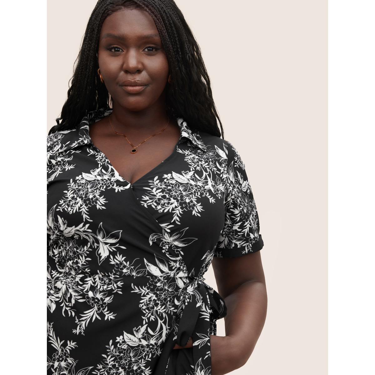 Plus Size Silhouette Floral Print Ties Lapel Collar Dress Black Women At the Office Non Lapel Collar Short sleeve Curvy Midi Dress BloomChic 10/M Product Image