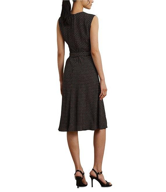 Lauren Ralph Lauren Petite Size Geometric Crepe Crew Neck Cap Sleeves Belted A-Line Dress Product Image