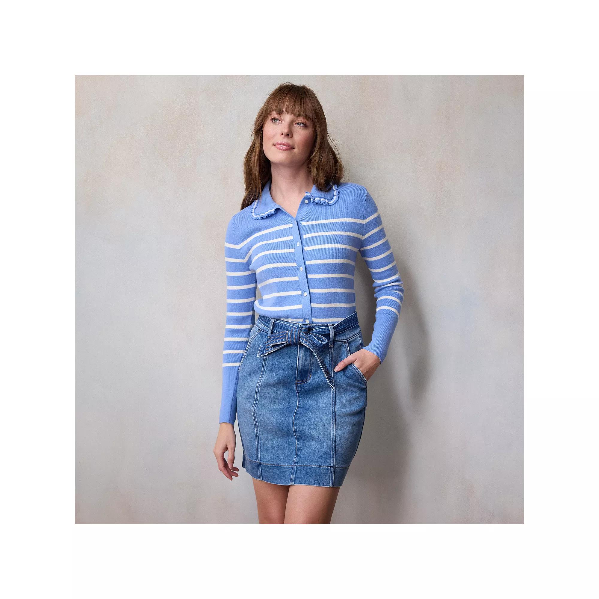 Women's LC Lauren Conrad Knitted Collared Cardigan, Size: Small, Blue Bayside Stripe Product Image