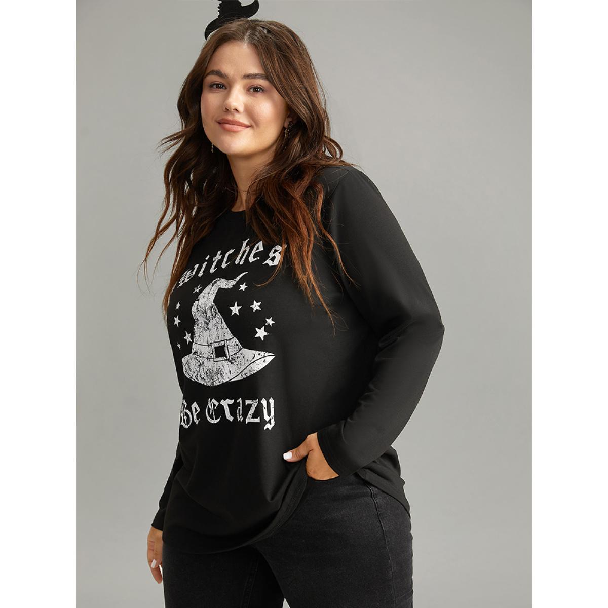 Plus Size Halloween Letter Round Neck T-shirt Black Women Casual Printed Halloween Festival-Halloween T-shirts BloomChic 26/4X Product Image