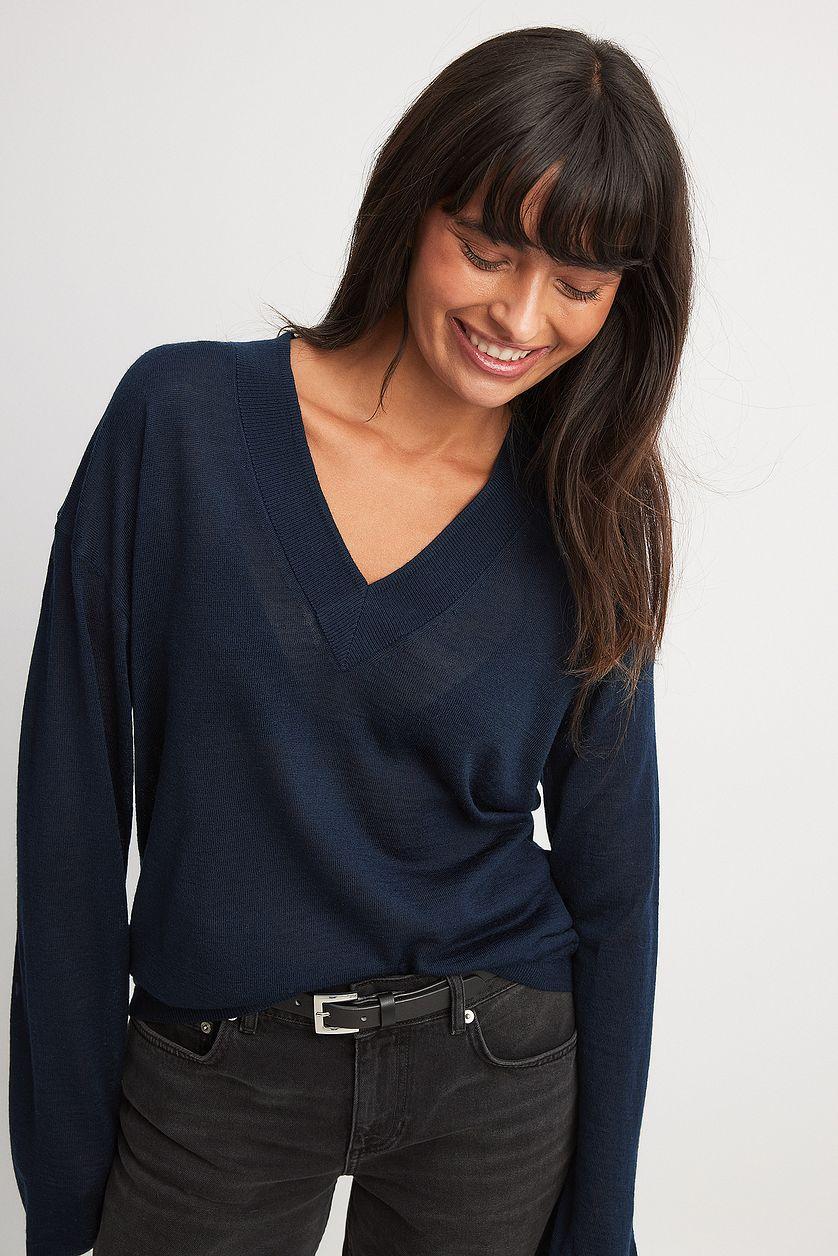 Oversized Wool Blend V-neck Knitted Sweater Product Image