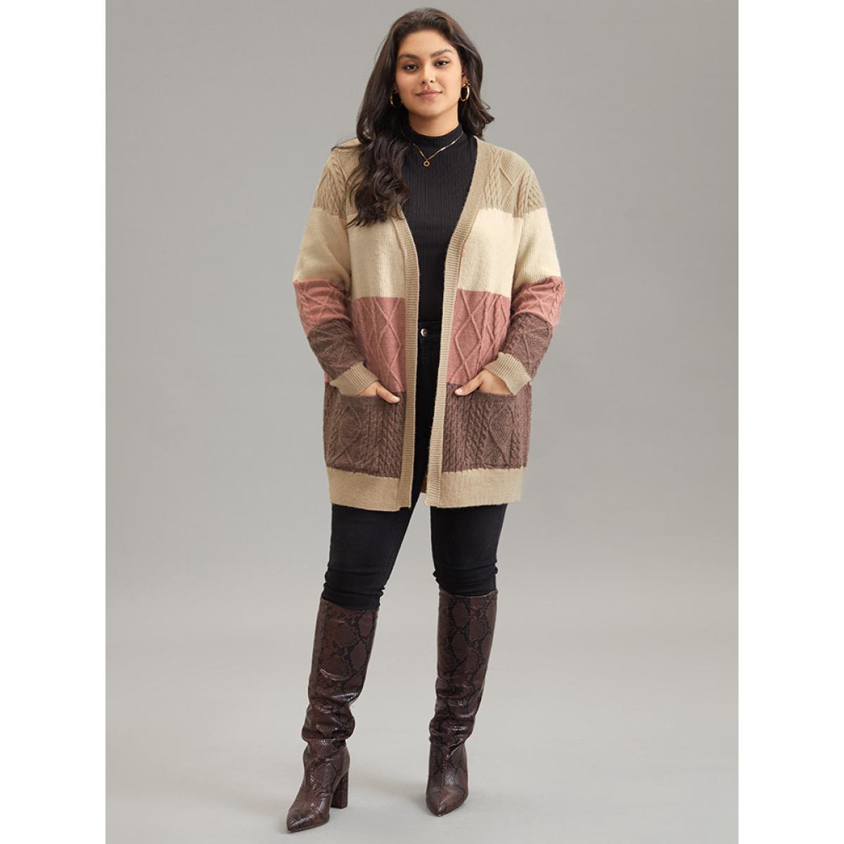 Plus Size Anti-Pilling Cable Knit Colorblock Patched Pocket Cardigan Multicolor Women Casual Loose Long Sleeve Everyday Cardigans BloomChic 14-16/1X Product Image