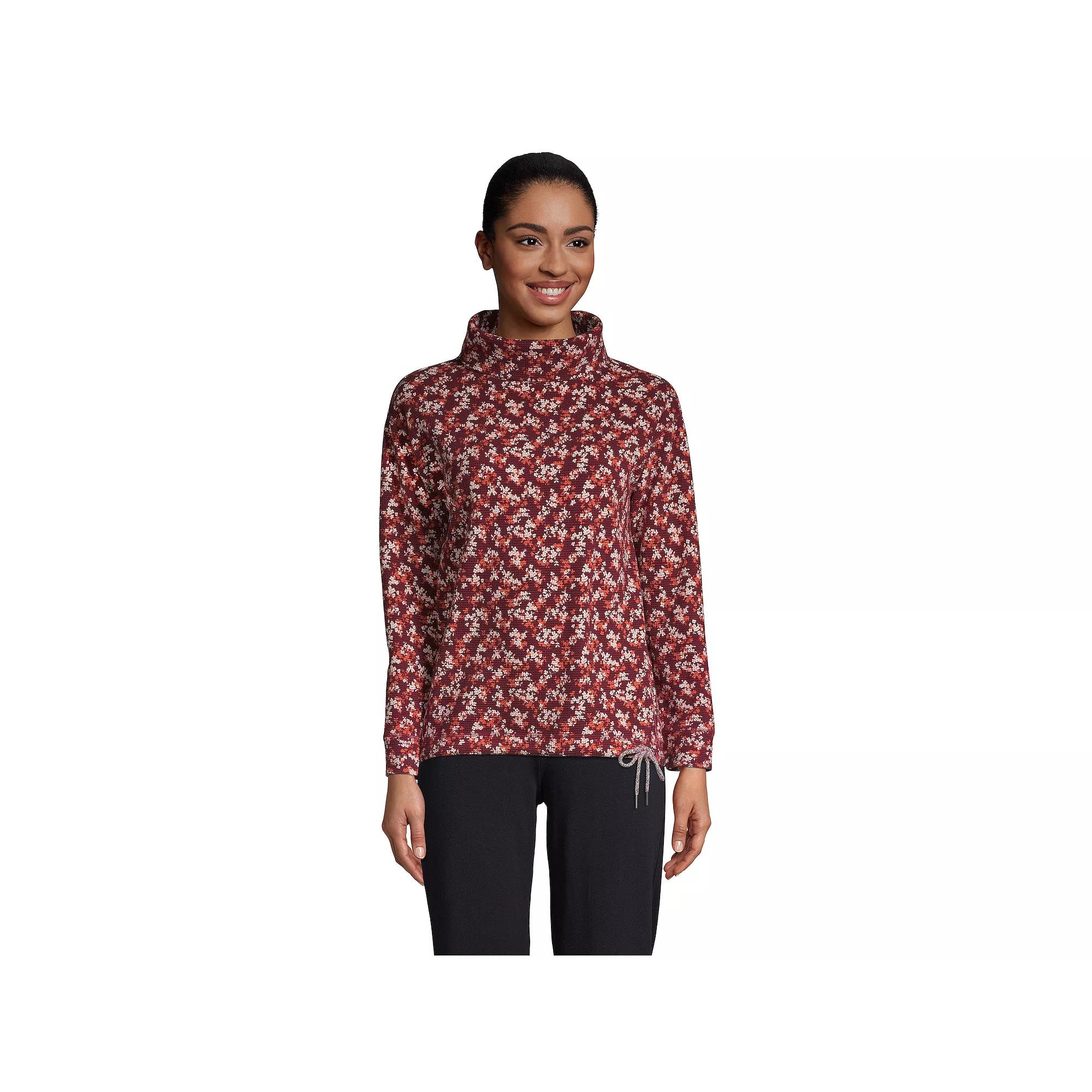 Women's Lands' End Long Sleeve Funnelneck Waffle Top, Size: Large, Rich Red Flower Product Image