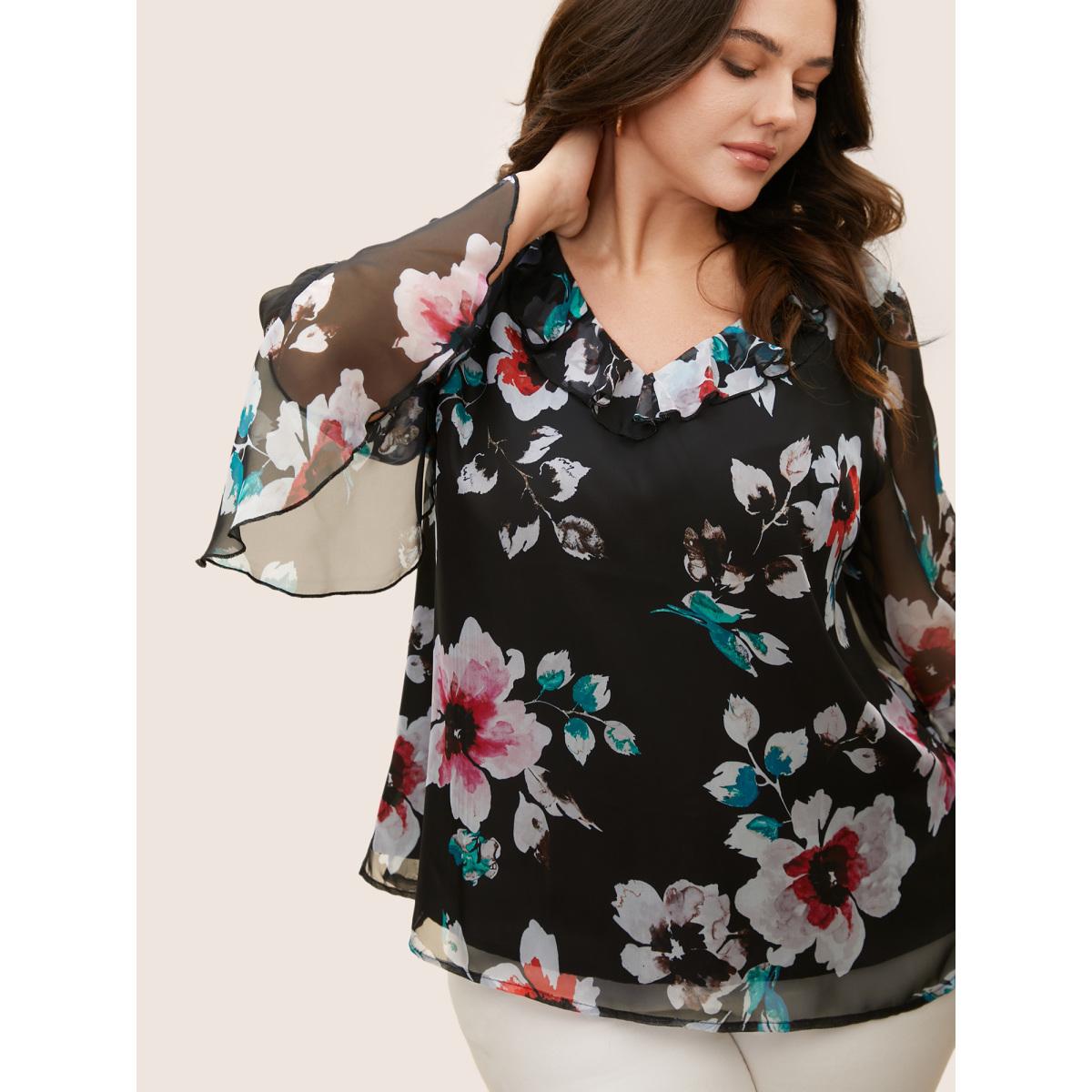 Plus Size Black Chiffon Floral Ruffles Mesh Blouse Women Elegant Elbow-length sleeve V-neck Everyday Blouses BloomChic 26/4X Product Image