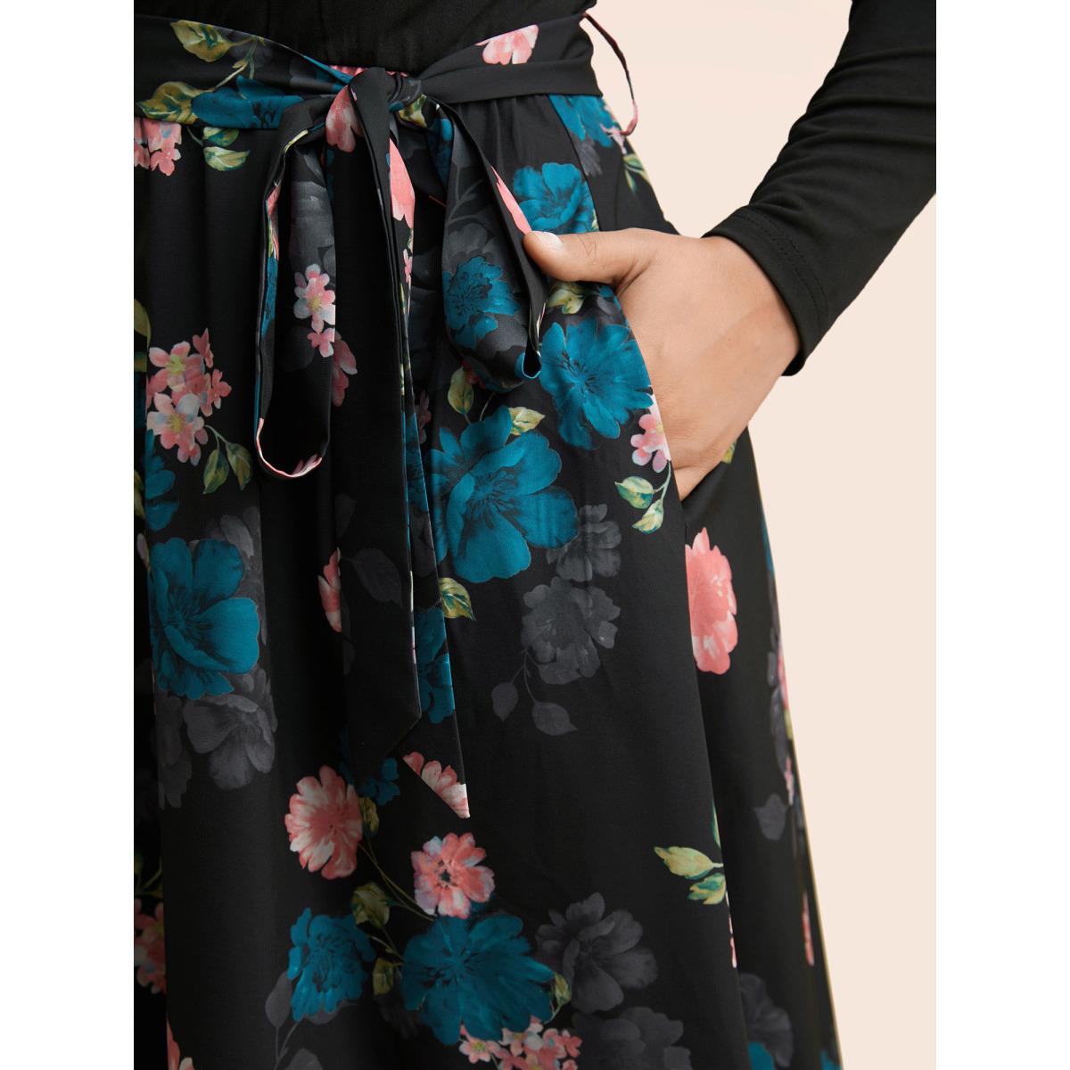 Plus Size V Neck Floral Patchwork Belted Dress Cerulean Women Elegant Belted V-neck Long Sleeve Curvy BloomChic 12/L Product Image