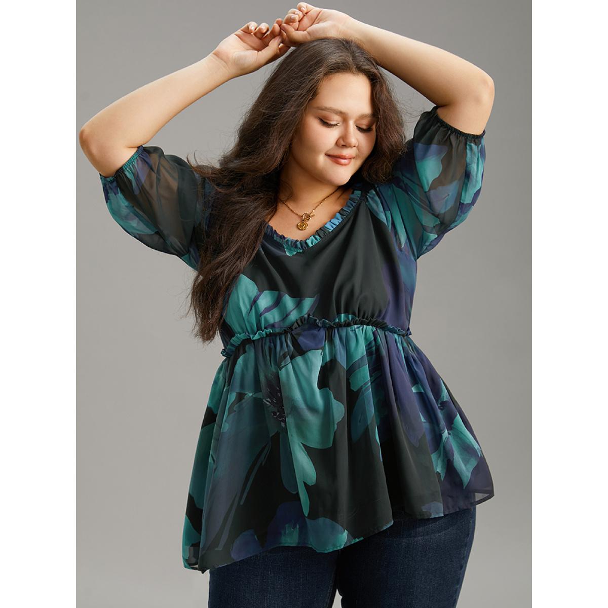 Plus Size Cyan Square Neck Floral Frill Trim Mesh Ruffles Blouse Women Elegant Elbow-length sleeve Square Neck Dailywear Blouses BloomChic 14-16/1X Product Image