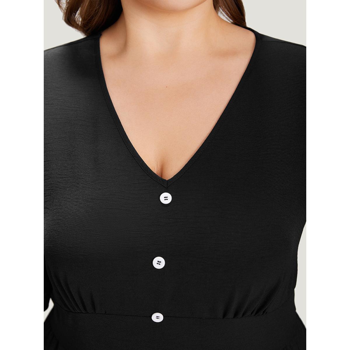 Plus Size Solid Bell Sleeve Button Detail Pocket Gathered Dress Black Women Elegant V-neck Half Sleeve Curvy Midi Dress BloomChic 12/L Product Image