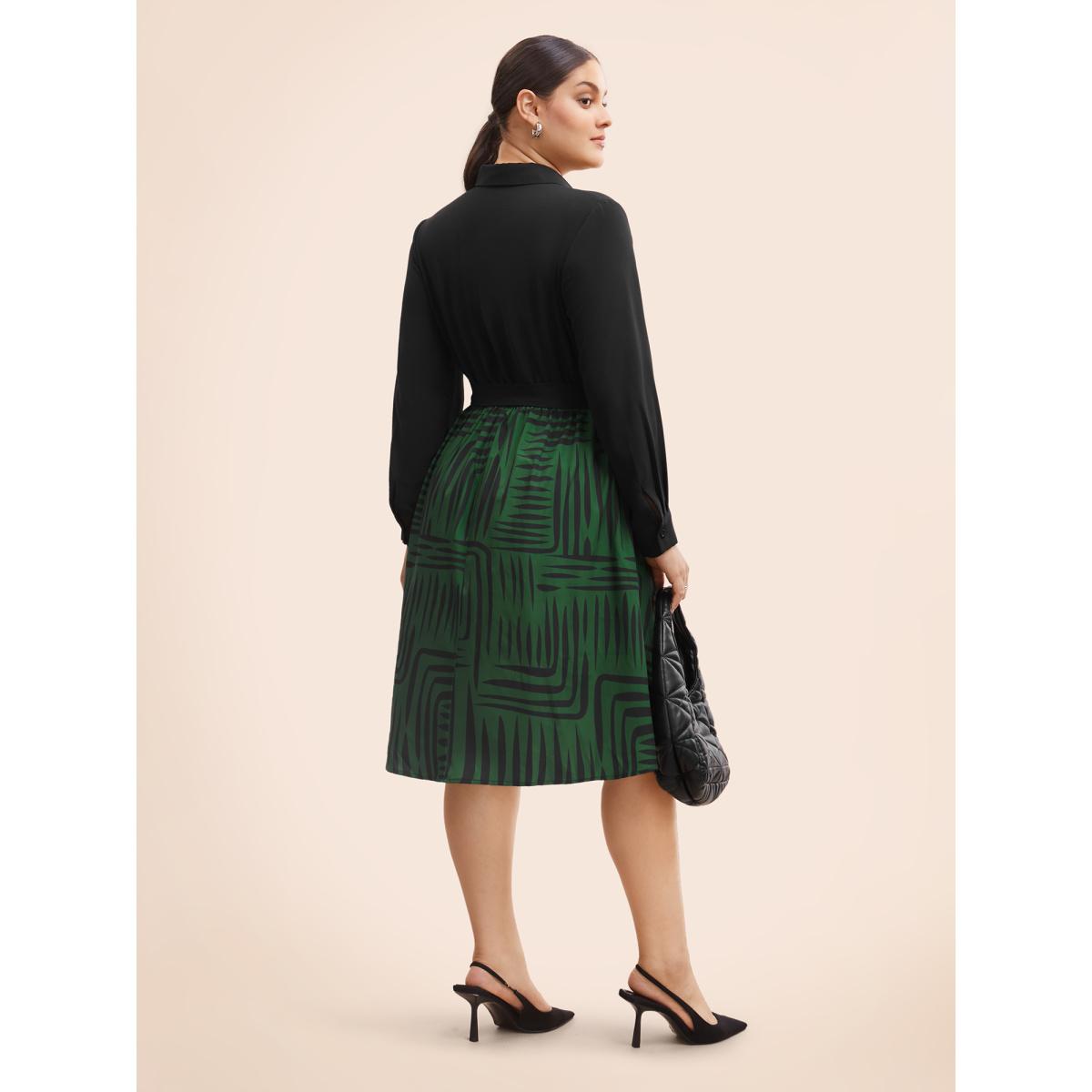Plus Size Geometric Patchwork Button Up Belted Dress Black Women At the Office Belted Shirt collar Long Sleeve Curvy BloomChic 14-16/1X Product Image