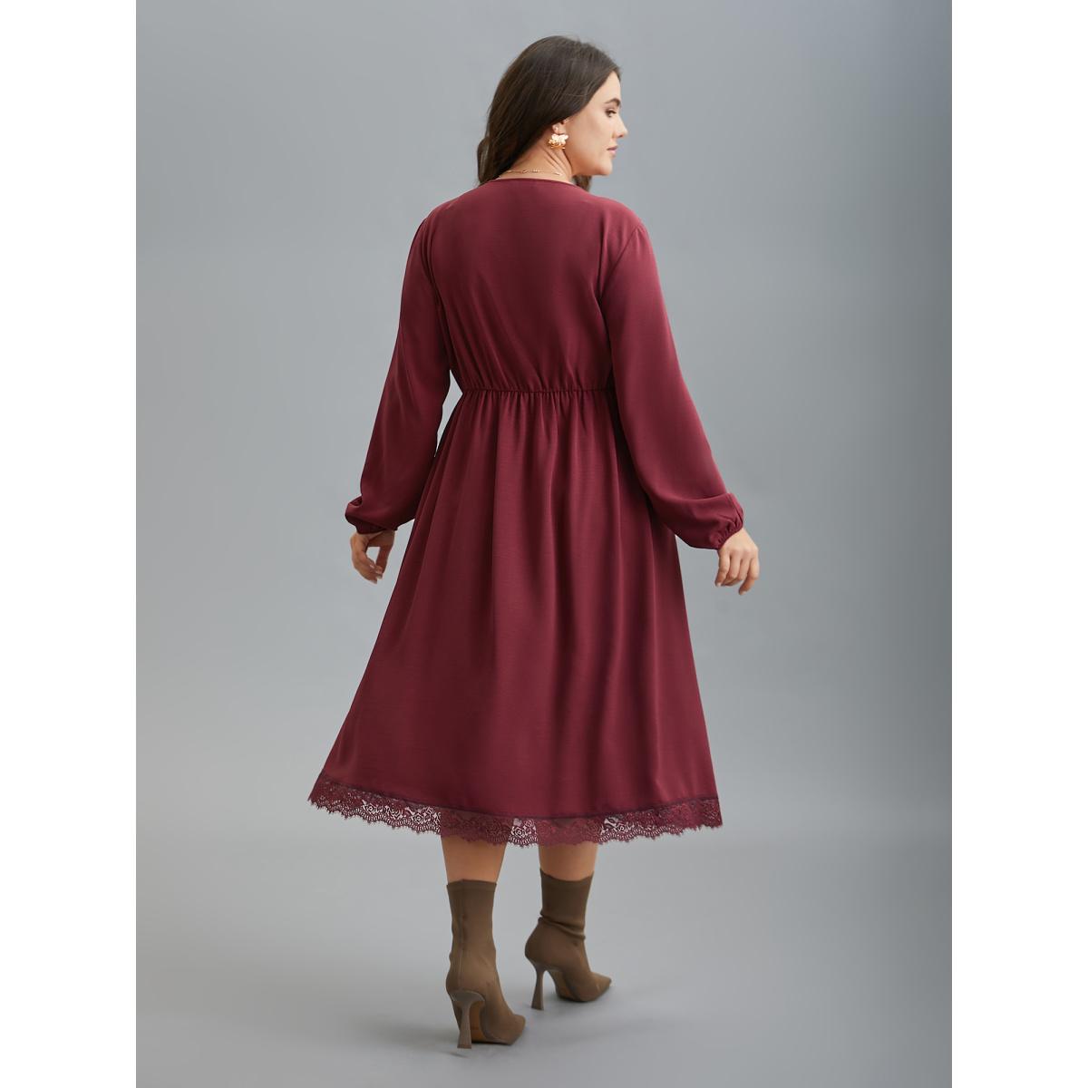 Plus Size Lace Detail Surplice Neckline Midi Dress Burgundy Women Elegant Woven ribbon&lace trim Overlap Collar Long Sleeve Curvy BloomChic 10/M Product Image
