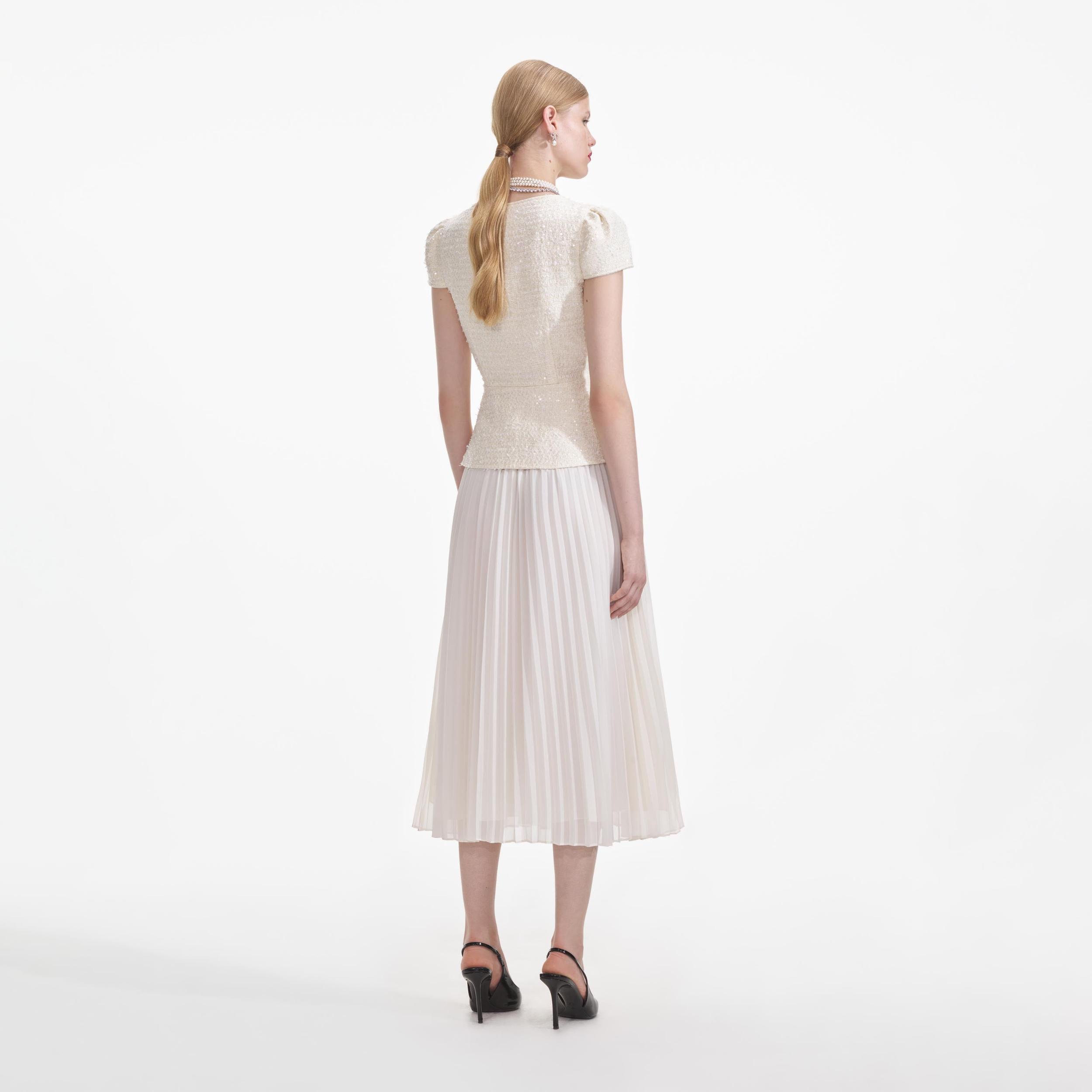 Cream Boucle Bow Detail Midi Dress Product Image