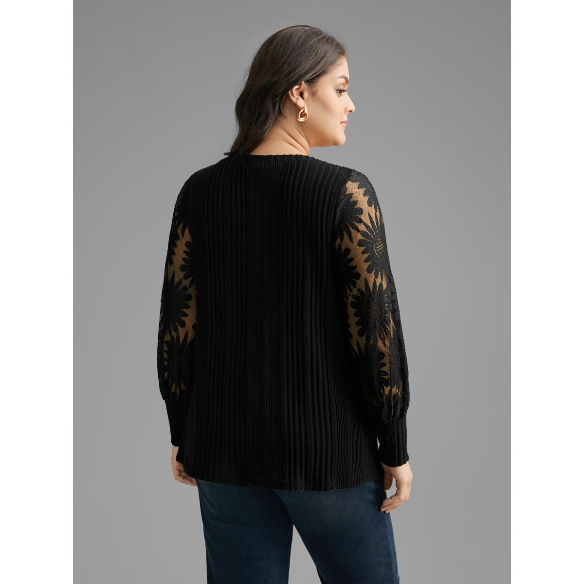 Plus Size Texture Lace Patchwork Mesh T-shirt Black Women Elegant Texture Round Neck Everyday T-shirts BloomChic 30/6X Product Image
