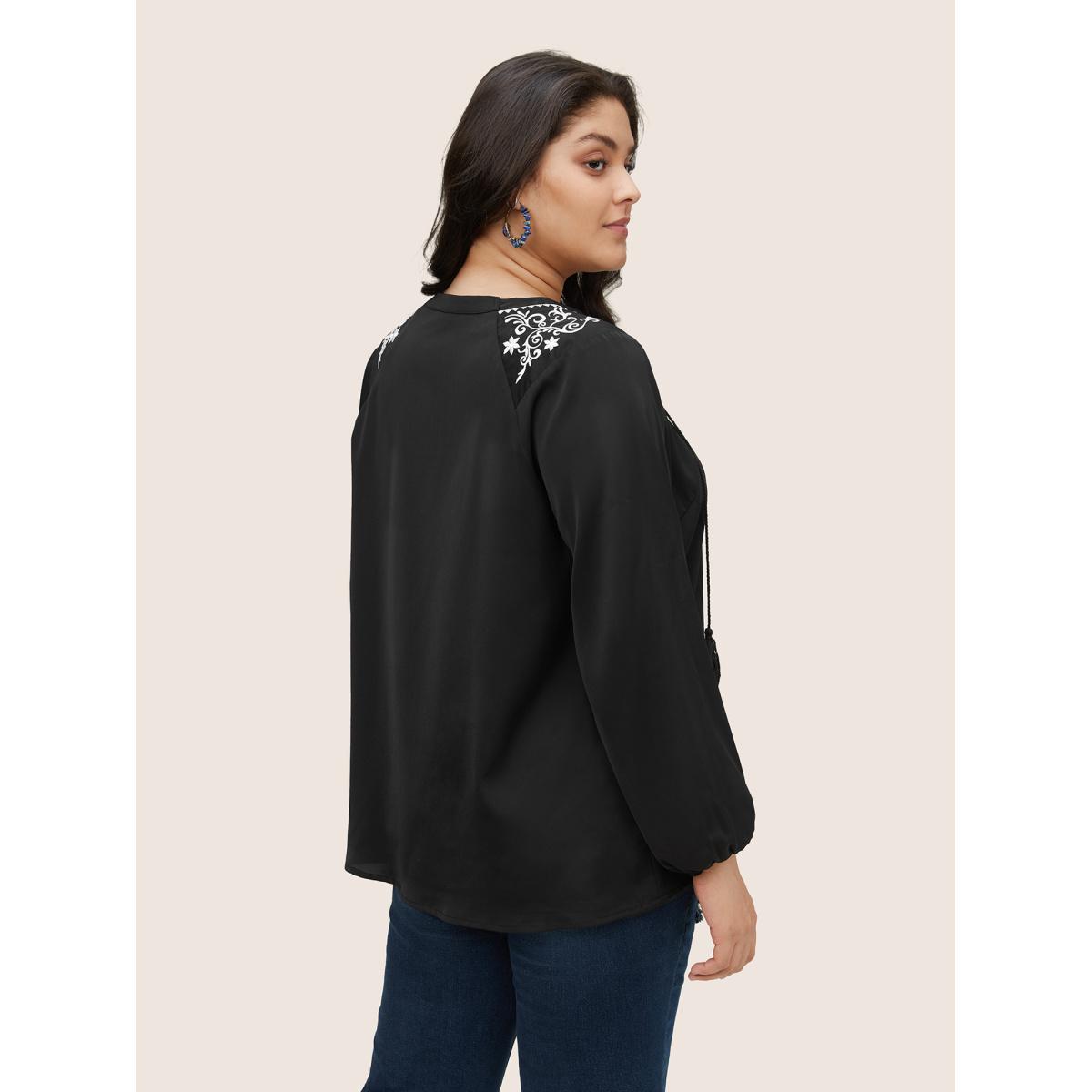 Plus Size Black Boho Print Tie Neck Tassels Lantern Sleeve Blouse Women Casual Long Sleeve Tie Neck Vacation Blouses BloomChic 28/5X Product Image