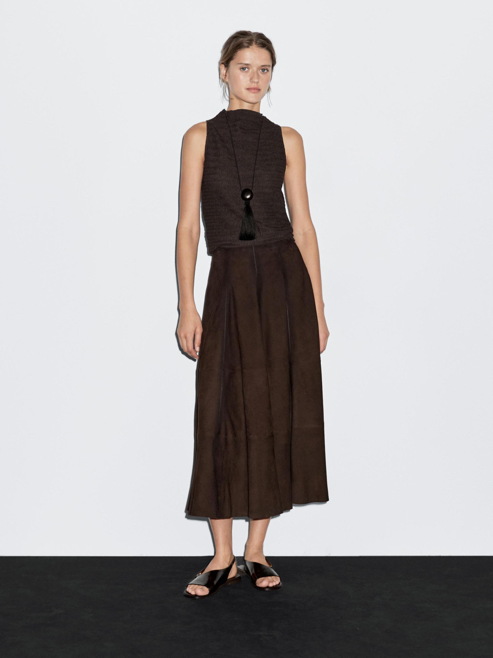 Chocolate linear waffle-knit funnel neck top Product Image