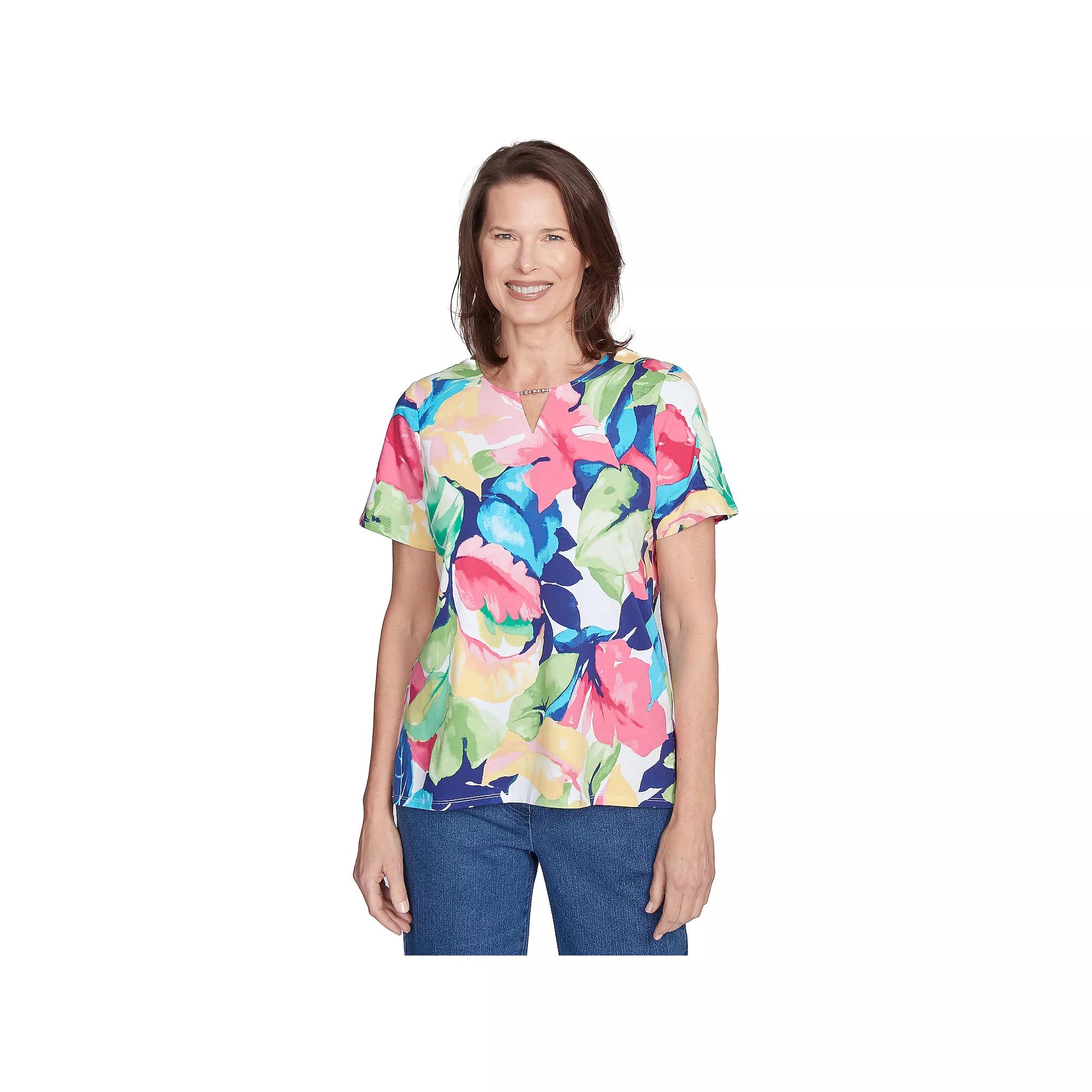 Petite Alfred Dunner Tropical Leaf Split Beaded Neck Top, Women's,  Product Image