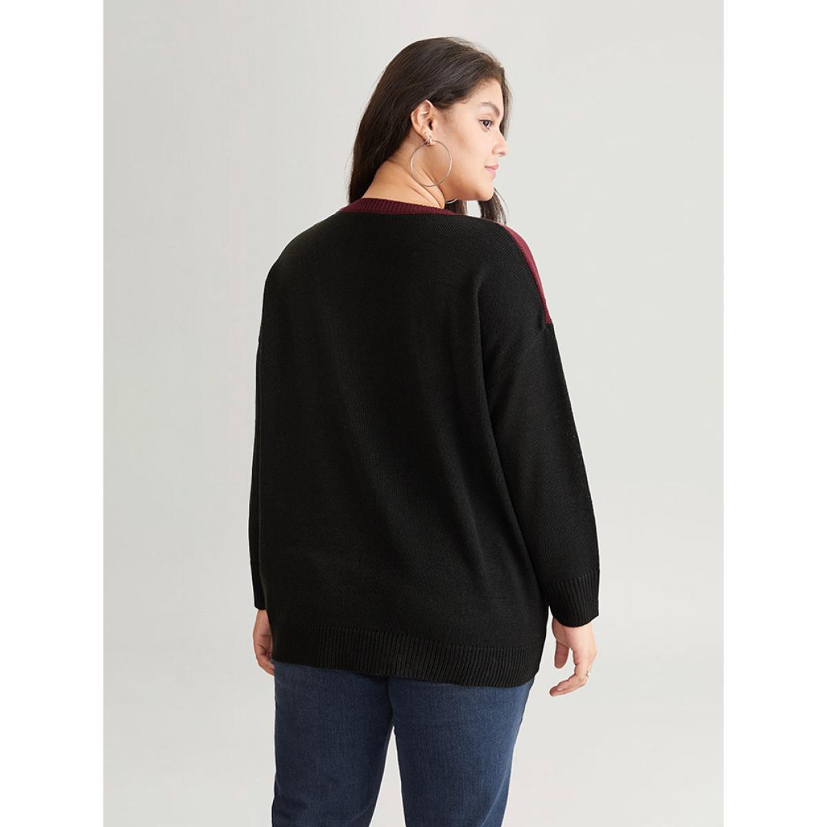 Plus Size Patchwork Colorblock Drop Shoulder Pullover Burgundy Women Casual Loose Long Sleeve Round Neck Dailywear Pullovers BloomChic 18-20/2X Product Image