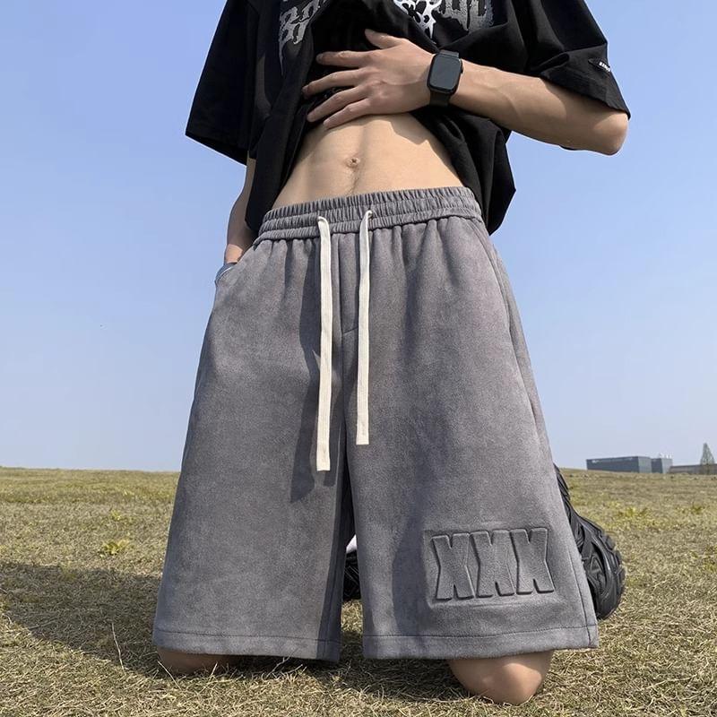 Drawstring Waist Lettering Embossed Faux Suede Wide Leg Sweat Shorts Product Image