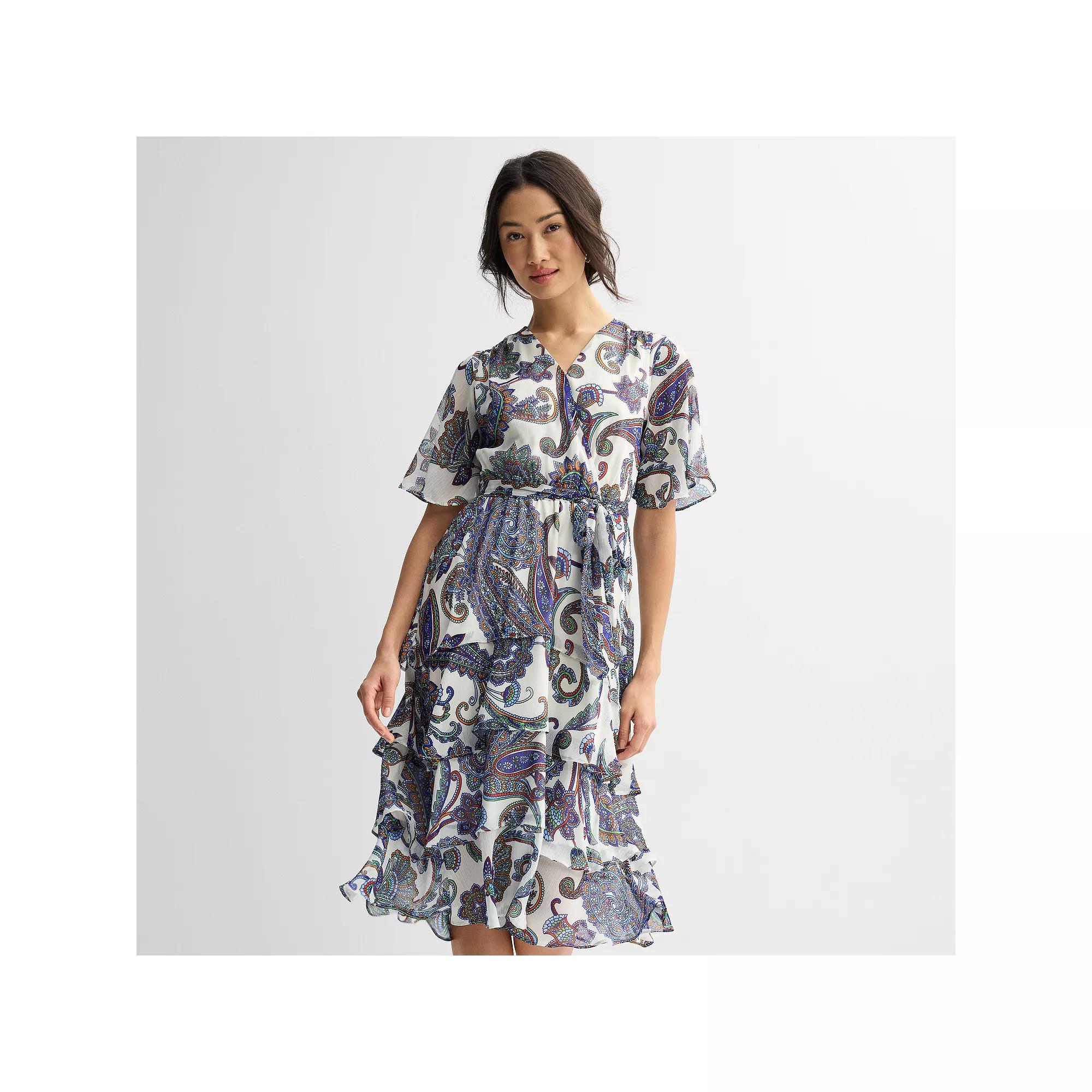 Women's Sandra Darren Surplice Flutter Tiered Midi Dress,  Product Image