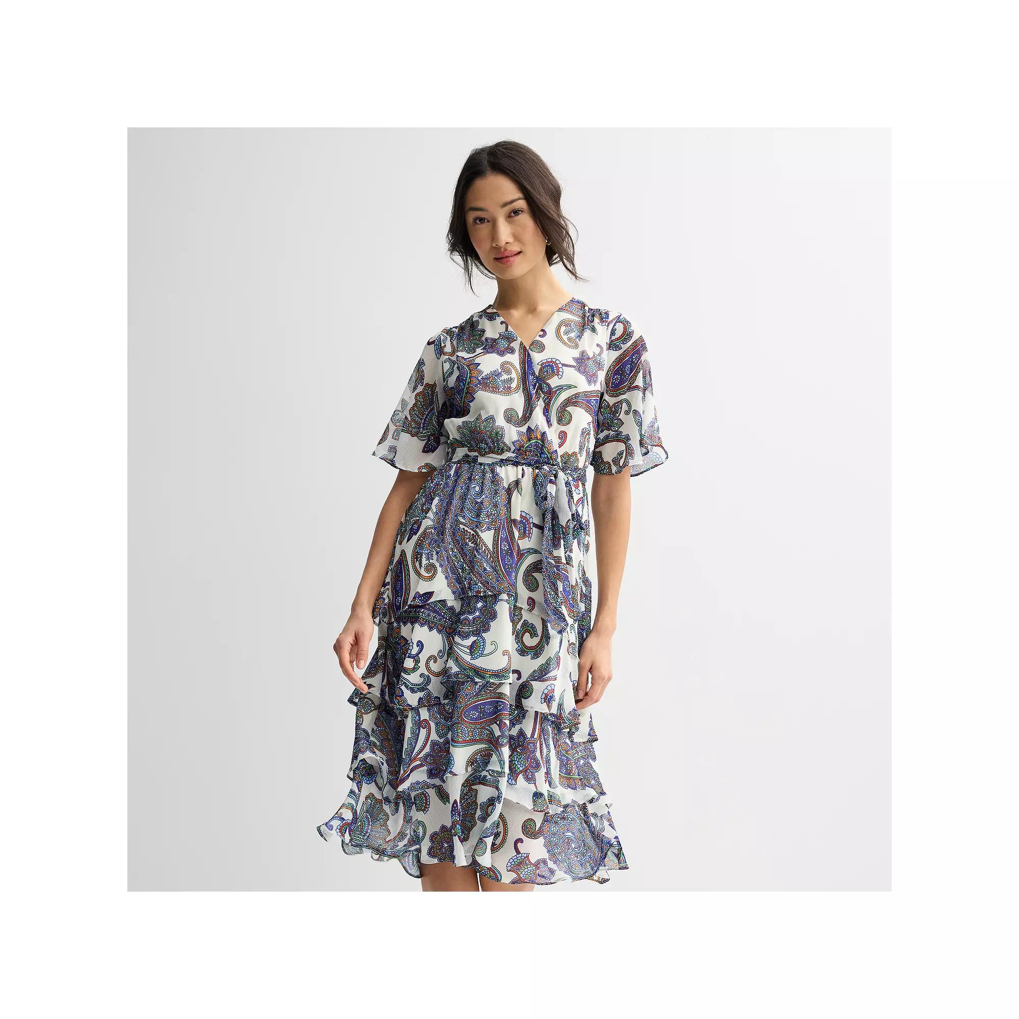 Women's Sandra Darren Surplice Flutter Tiered Midi Dress,  Product Image