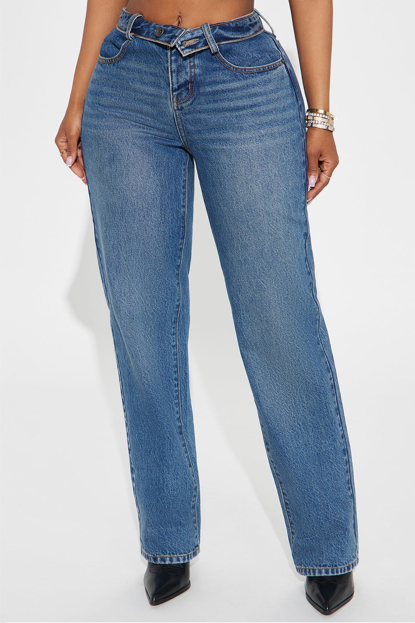 The Fold Over Straight Leg Jeans - Medium Wash Product Image