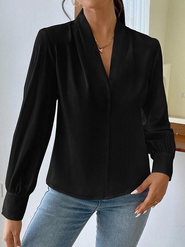 Long Sleeves Loose Pleated Solid Color Split-Joint V-Neck Blouses&Shirts Tops Product Image