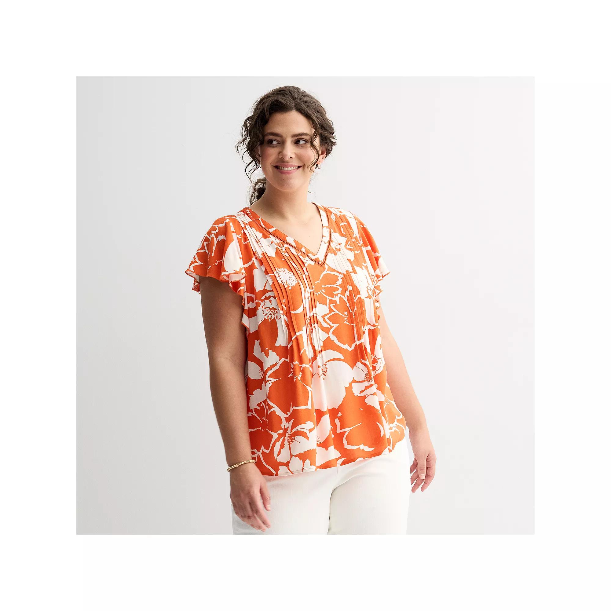 Plus Size Sonoma Goods For Life® Flutter Sleeve Pintuck Top, Women's, Size: 0X, Orange Bold Floral Product Image