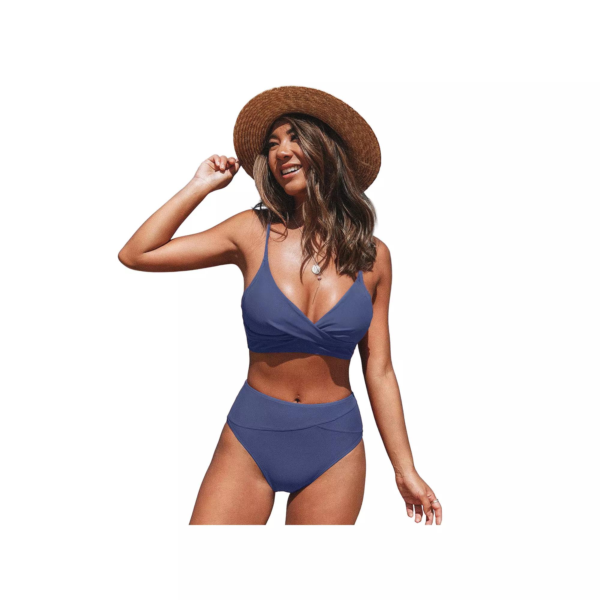 Women's CUPSHE 2-Piece Twisted Bikini Top & High-Rise Bottoms Set, Size: Medium, Blue Product Image