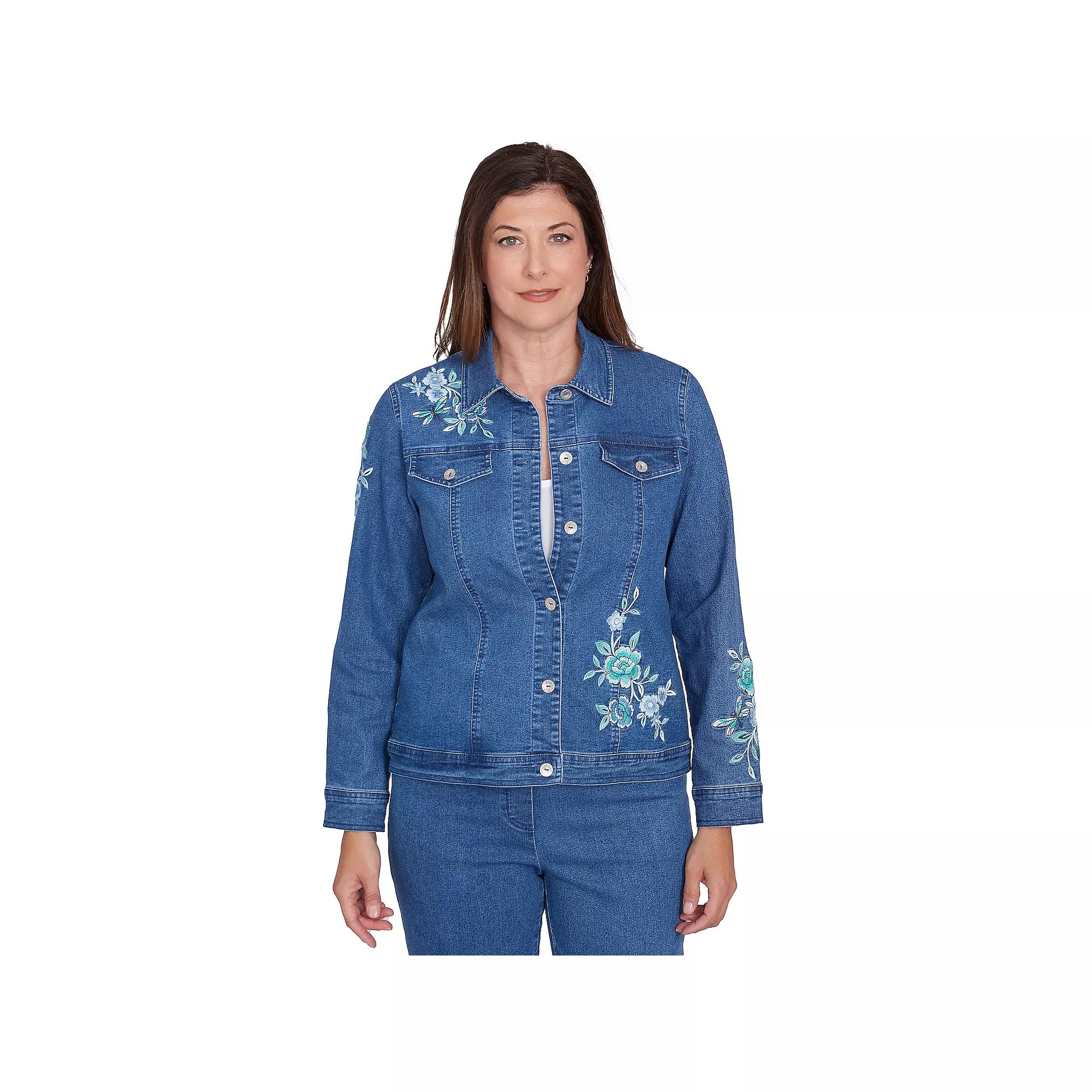 Women's Alfred Dunner Floral Embroidered Denim Jacket, Size: Medium, Medium Blue Product Image