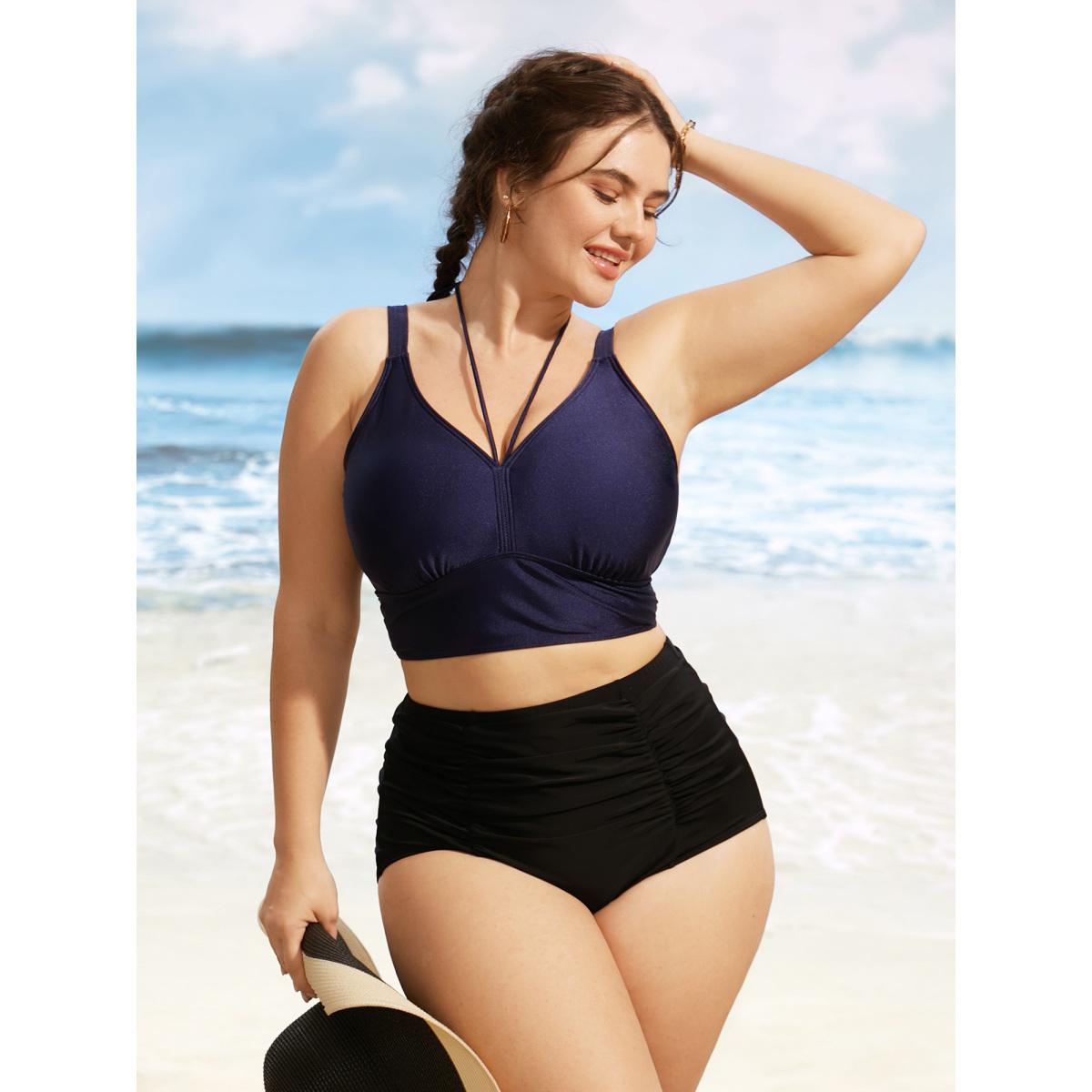 Plus Size Solid V Neck Tie Knot Adjustable Straps Swim Top Women's Swimwear Indigo Beach Tie knot High stretch Skinny V-neck Curve Swim Tops BloomChic 10/M Product Image