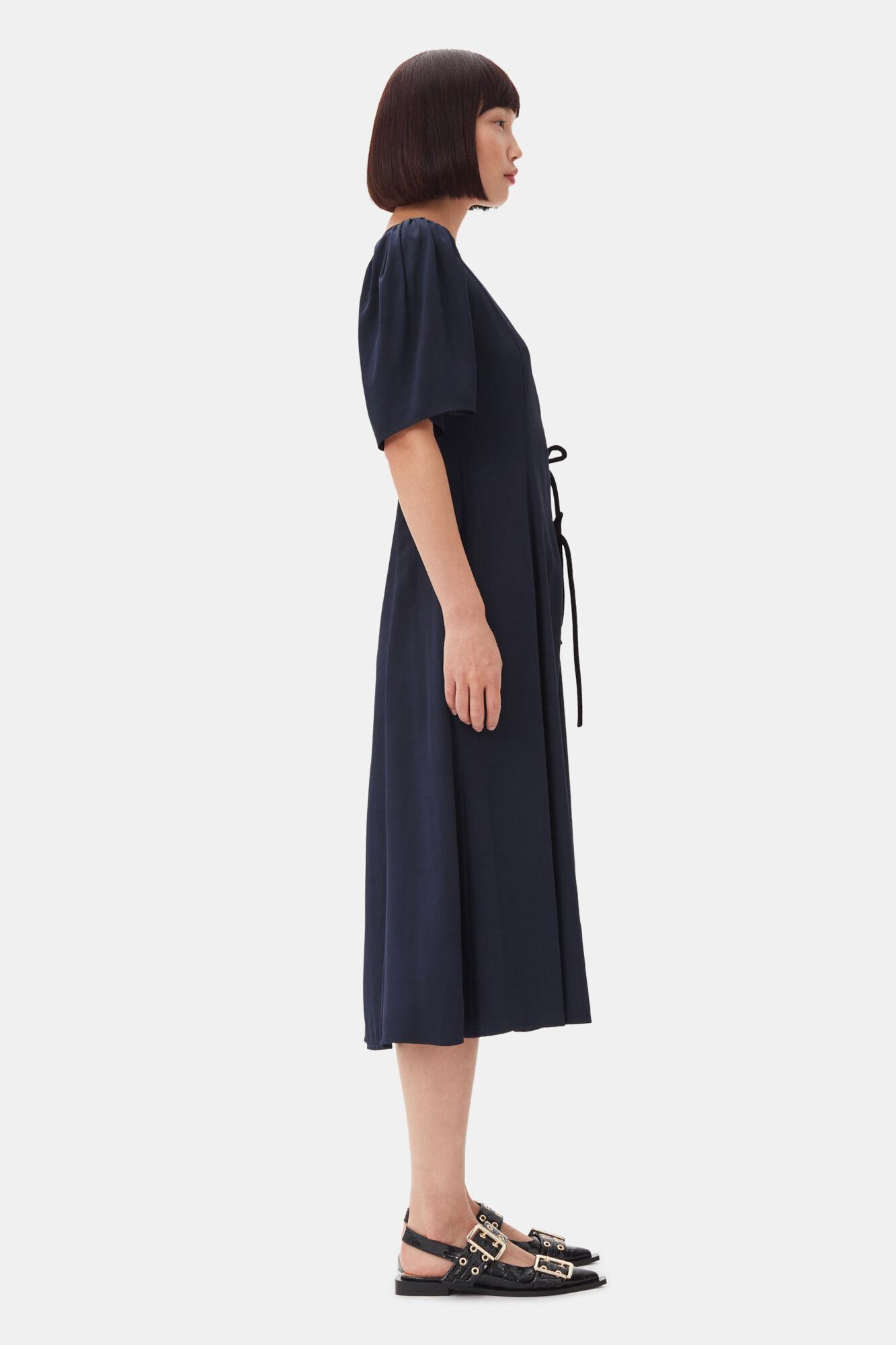 Navy Blue Viscose Twill Wrap Midi Dress Product Image