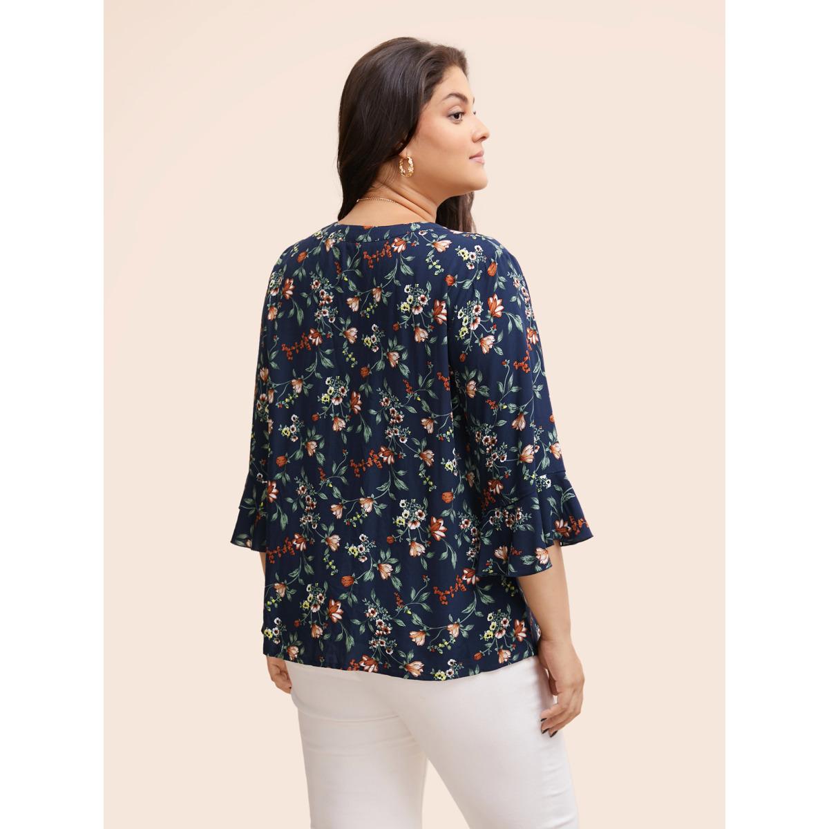 Plus Size Indigo Ditsy Floral Pleated Flutter Sleeve Blouse Women Elegant Elbow-length sleeve Flat collar with V-notch Everyday Blouses BloomChic 14-16/1X Product Image