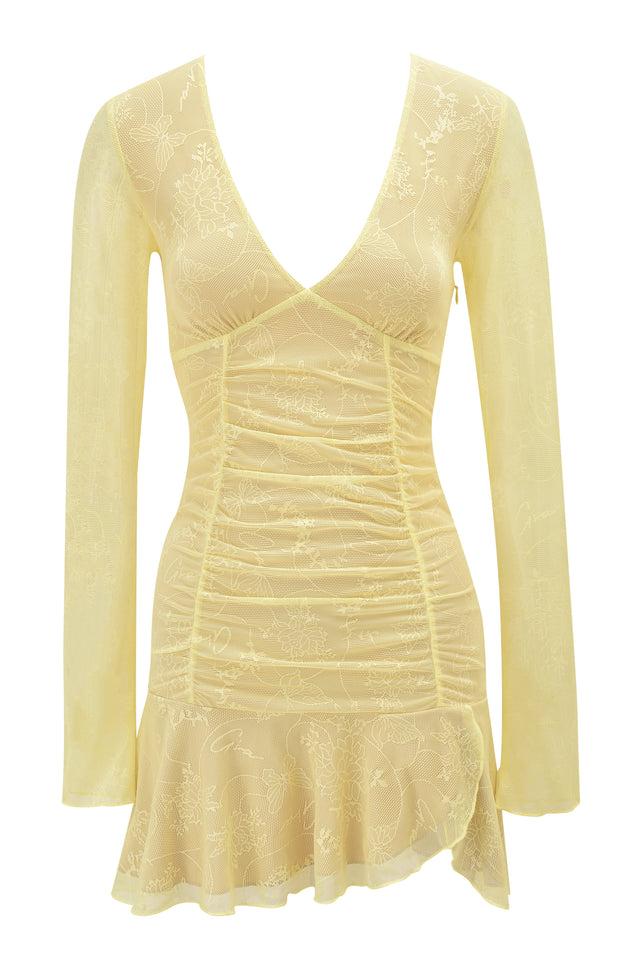 YVETTE LACE LONG SLEEVE RUCHED MINI DRESS - YELLOW Product Image