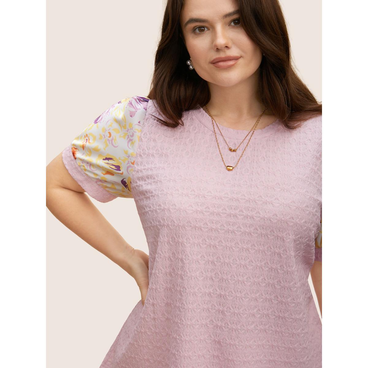 Plus Size Crew Neck Textured Patchwork Floral T-shirt Lightpink Women Elegant Texture Natural Flowers Round Neck Everyday T-shirts BloomChic 18-20/2X Product Image