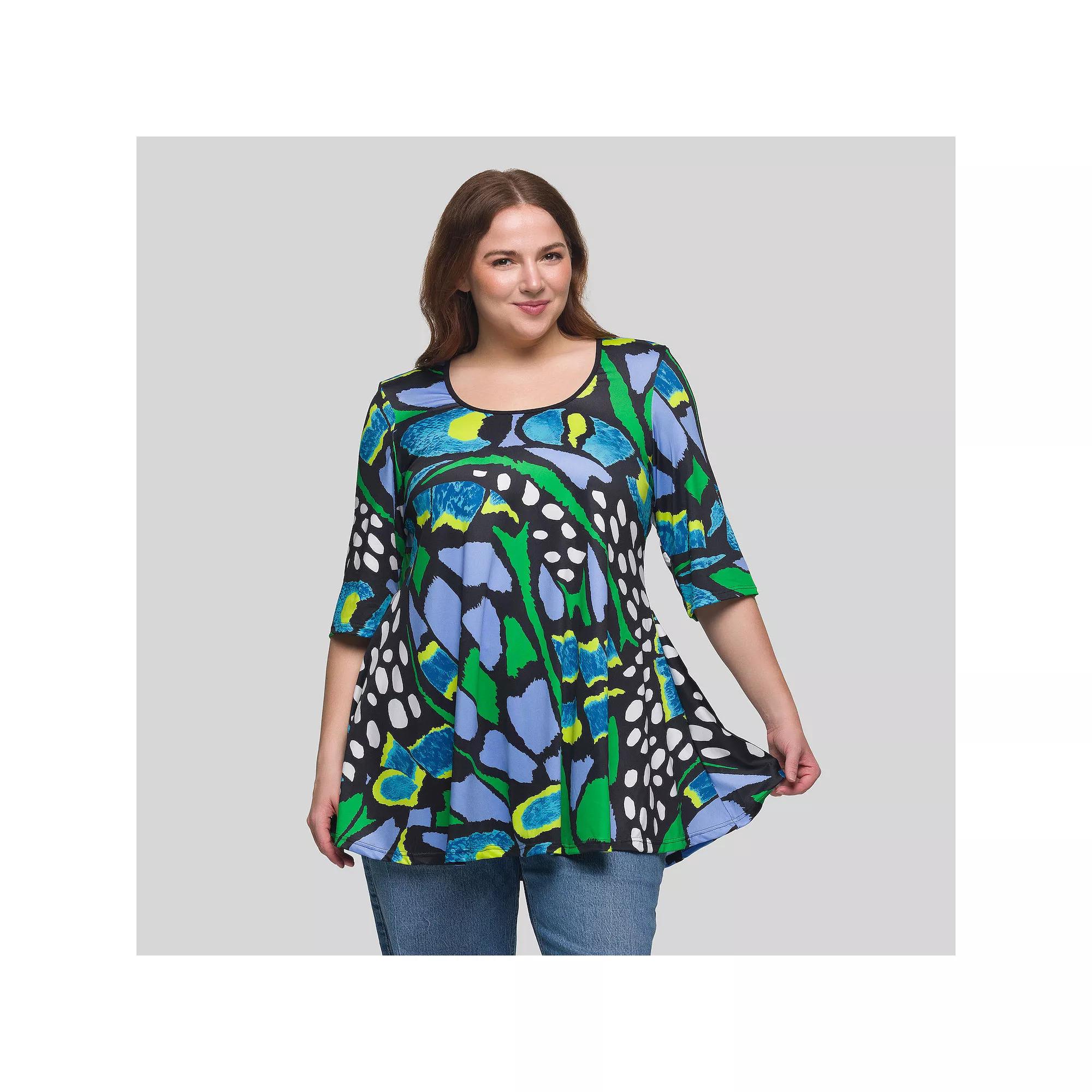 Plus Size 24Seven Comfort Apparel Butterfly Print Elbow Sleeve Tunic Top, Women's, Size: 1XL, Green Team Product Image