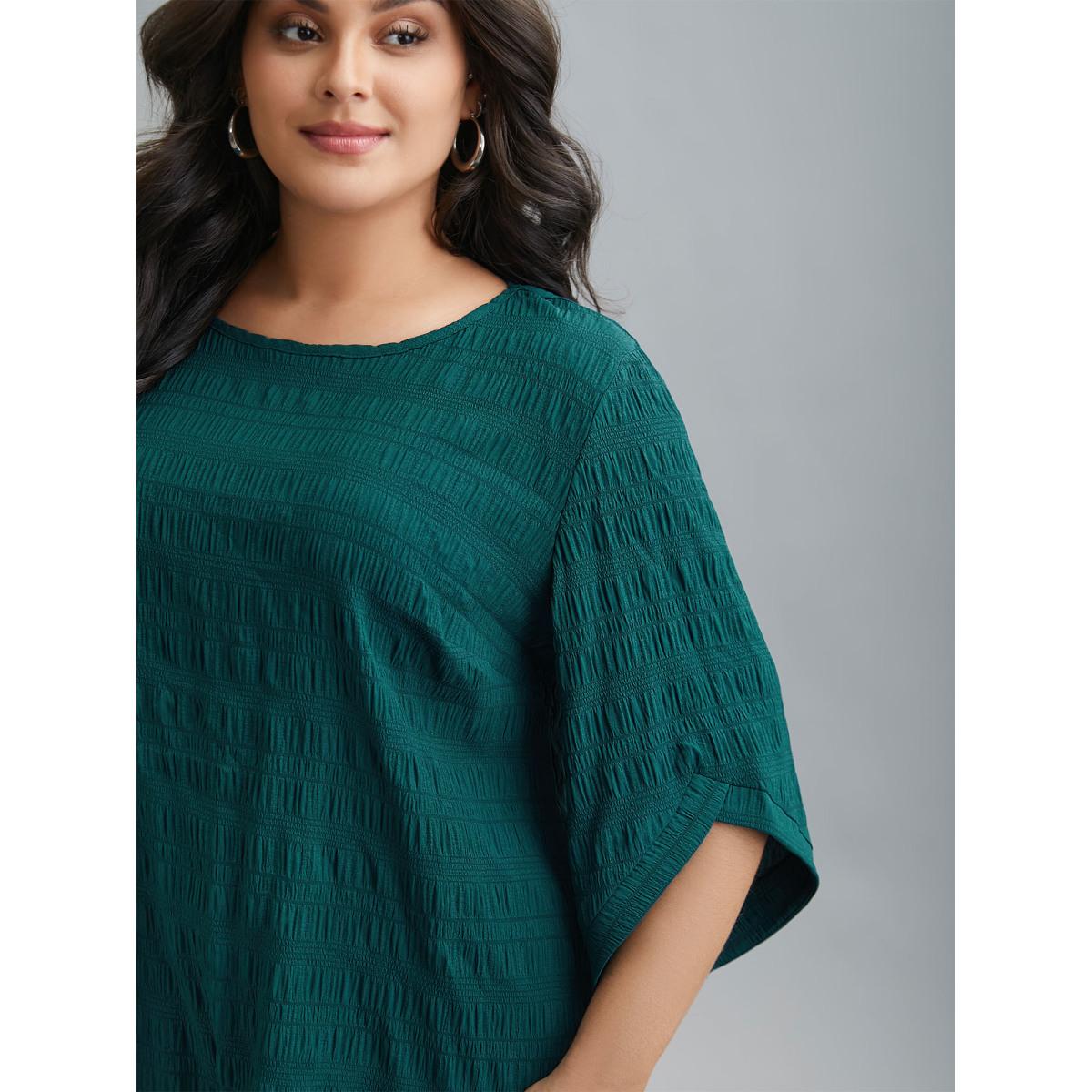 Plus Size Cyan Solid Textured Curved Hem Gathered Blouse Women Elegant Elbow-length sleeve Round Neck Everyday Blouses BloomChic 26/4X Product Image