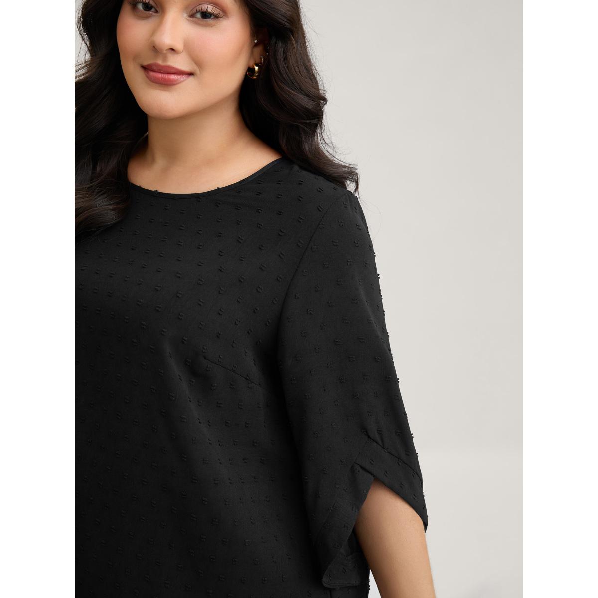 Plus Size Black Textured Round Neck Bell Sleeve Blouse Women Timeless Elbow-length sleeve Round Neck Elegant Blouses BloomChic 12/L Product Image