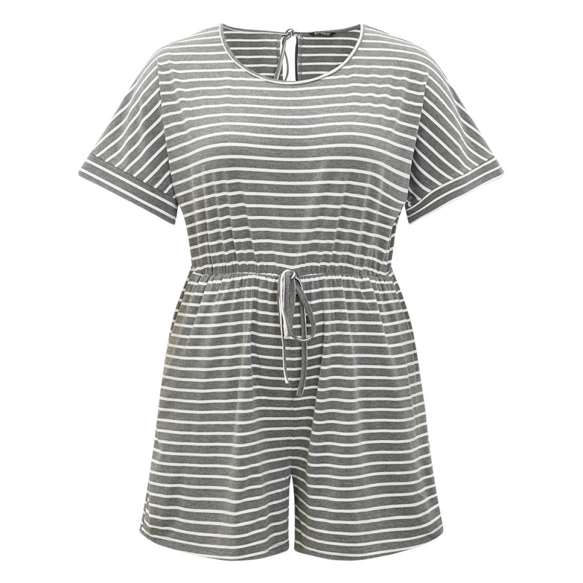 Plus Size DimGray Striped Print Pocket Ties Elastic Waist Jumpsuit Women Casual Short sleeve Round Neck Dailywear Loose Jumpsuits BloomChic 22-24/3X Product Image
