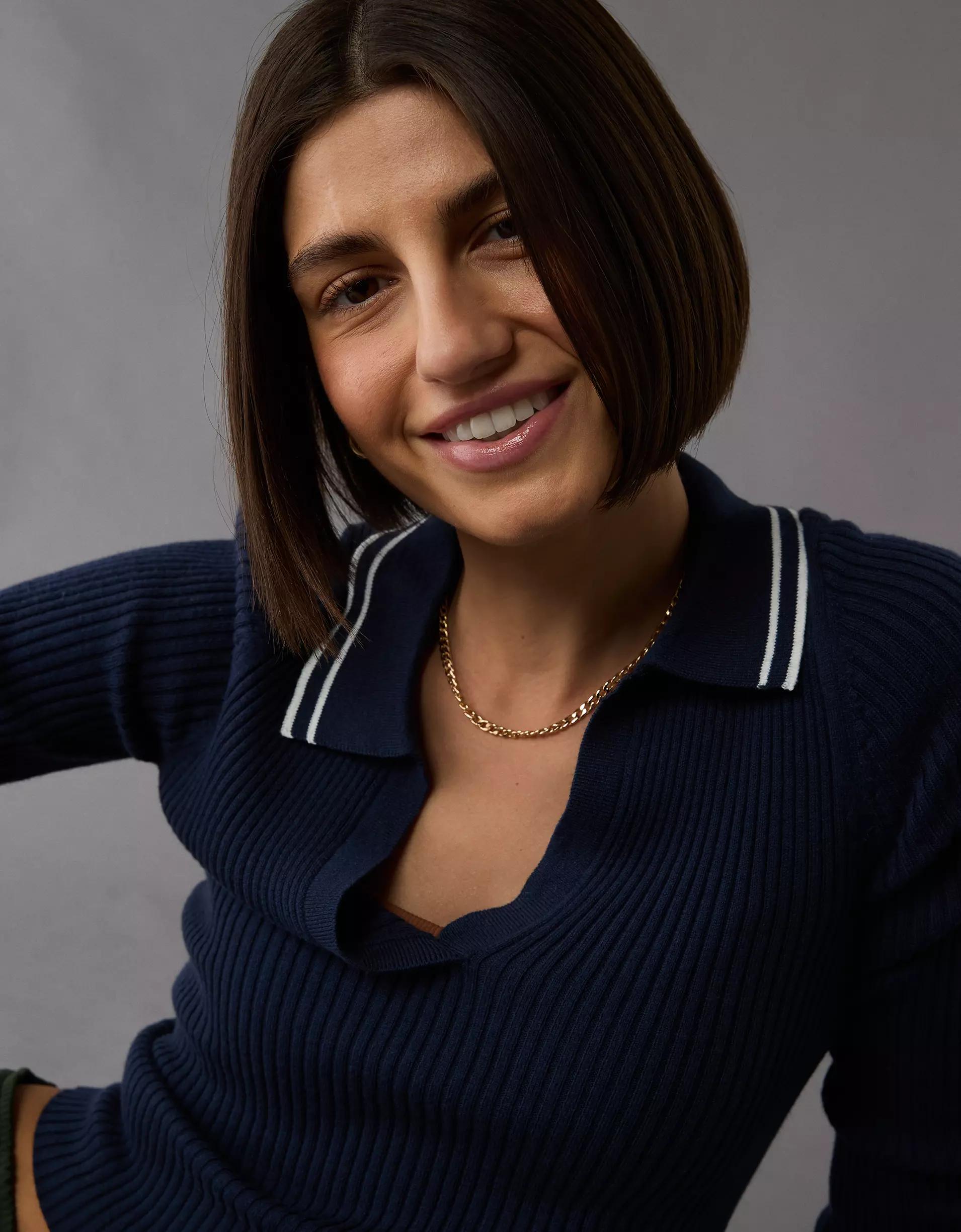 AE Long-Sleeve Collared Polo Sweater Product Image