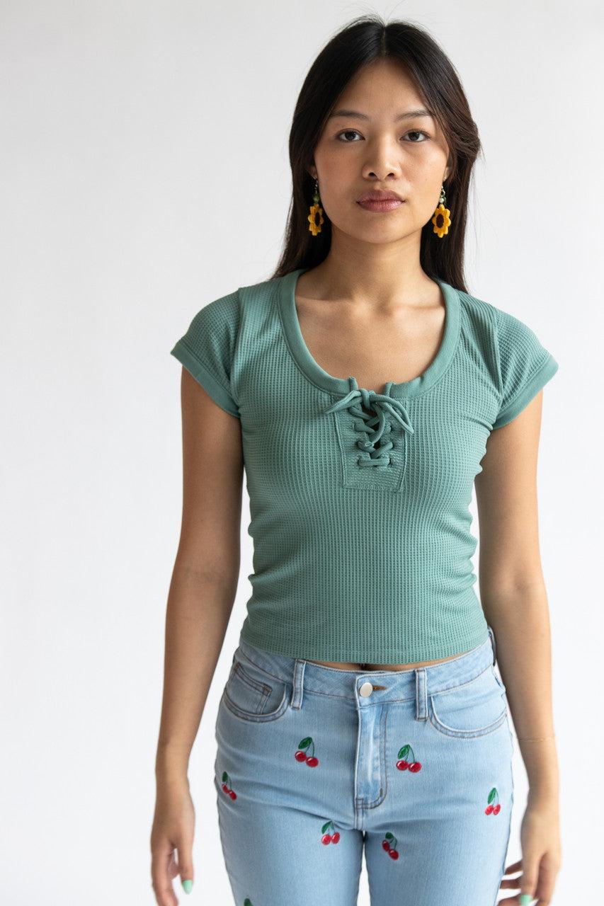 Waffle Knit Lace Up Seamless Tee Product Image