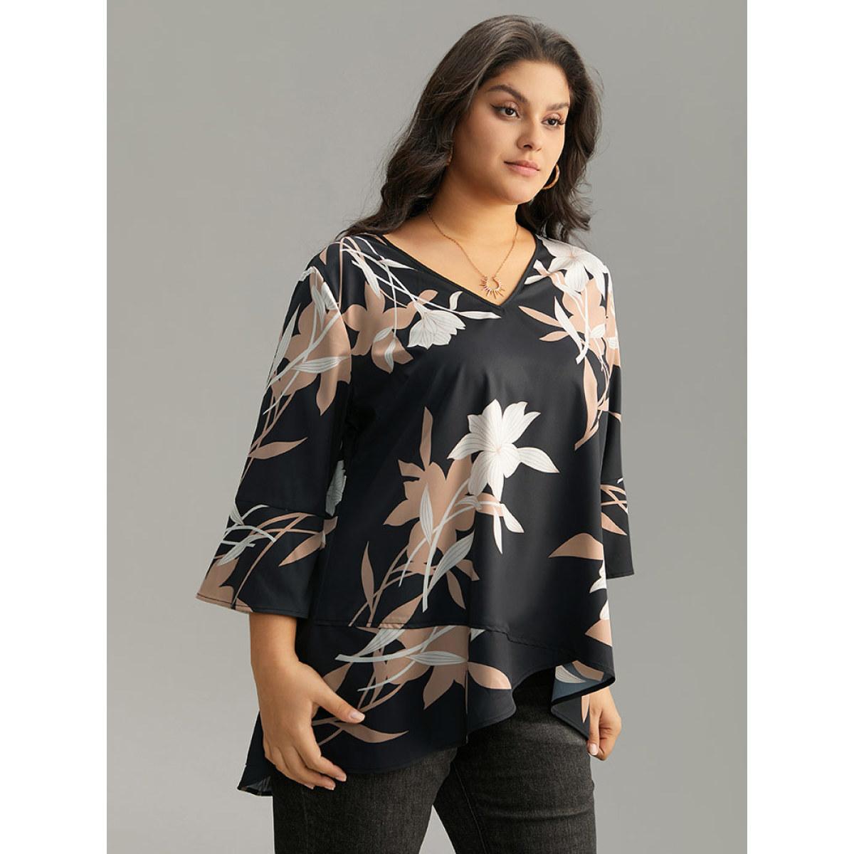 Plus Size Black Floral Print Bell Sleeve Asymmetrical Hem Blouse Women Elegant Elbow-length sleeve V-neck Dailywear Blouses BloomChic 14-16/1X Product Image