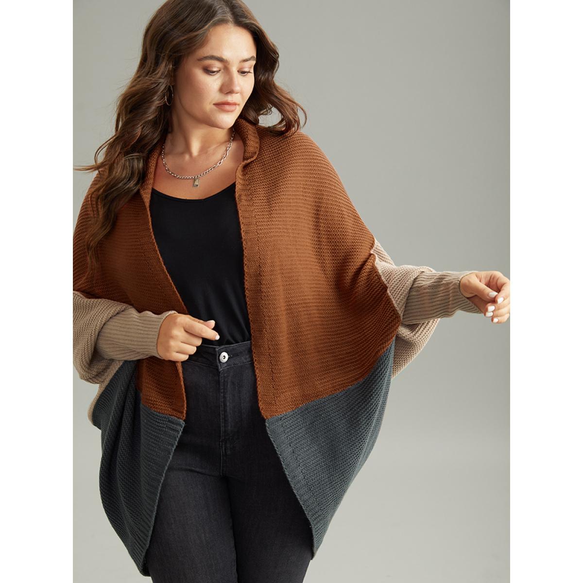 Plus Size Colorblock Batwing Sleeve Patchwork Cardigan DarkBrown Women Casual Loose Long Sleeve Everyday Cardigans BloomChic 22-24/3X Product Image