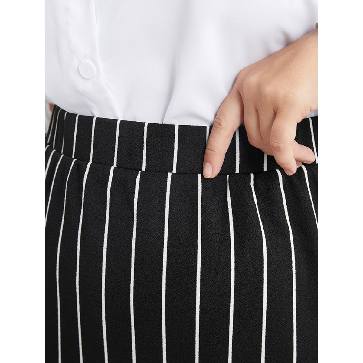 Plus Size Striped Elastic Waist Split Skirt Women Black Office Elastic Waist Medium stretch Work Skirts BloomChic 12/L Product Image