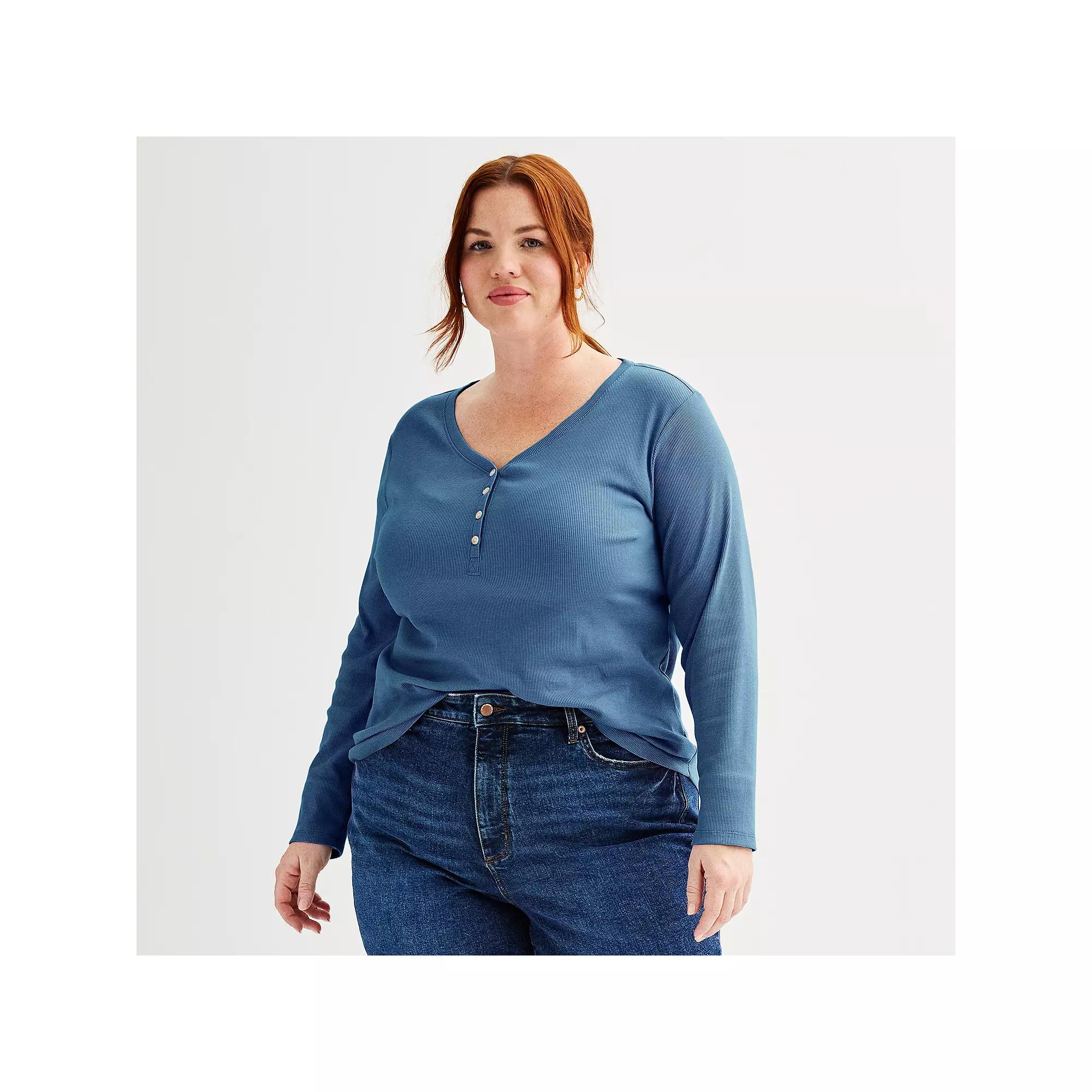 Plus Size Sonoma Goods For Life Ribbed Long Sleeve Henley, Womens Blue Flare Product Image