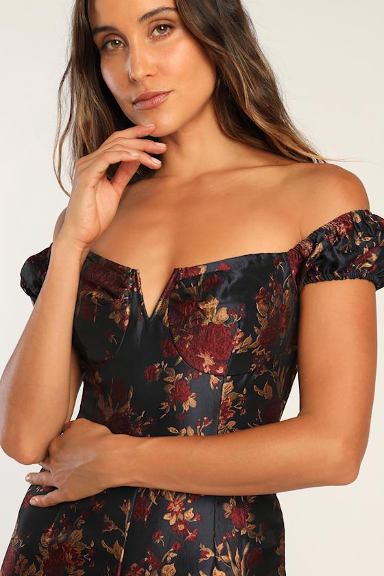 New Glam Midnight Blue Floral Jacquard Off-the-Shoulder Jumpsuit Product Image