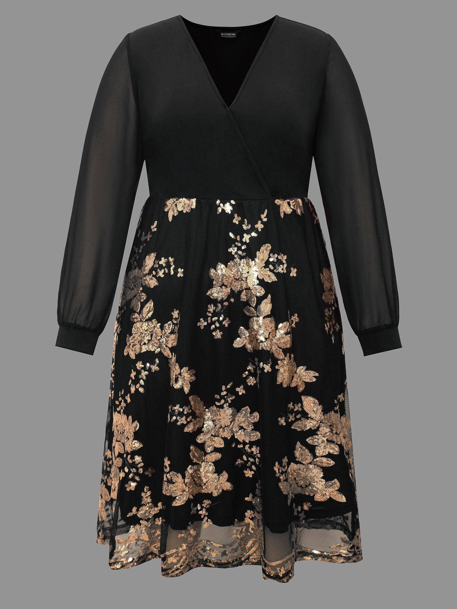 Sequin Overlap Collar Sheer Sleeve Lined Dress Female Product Image