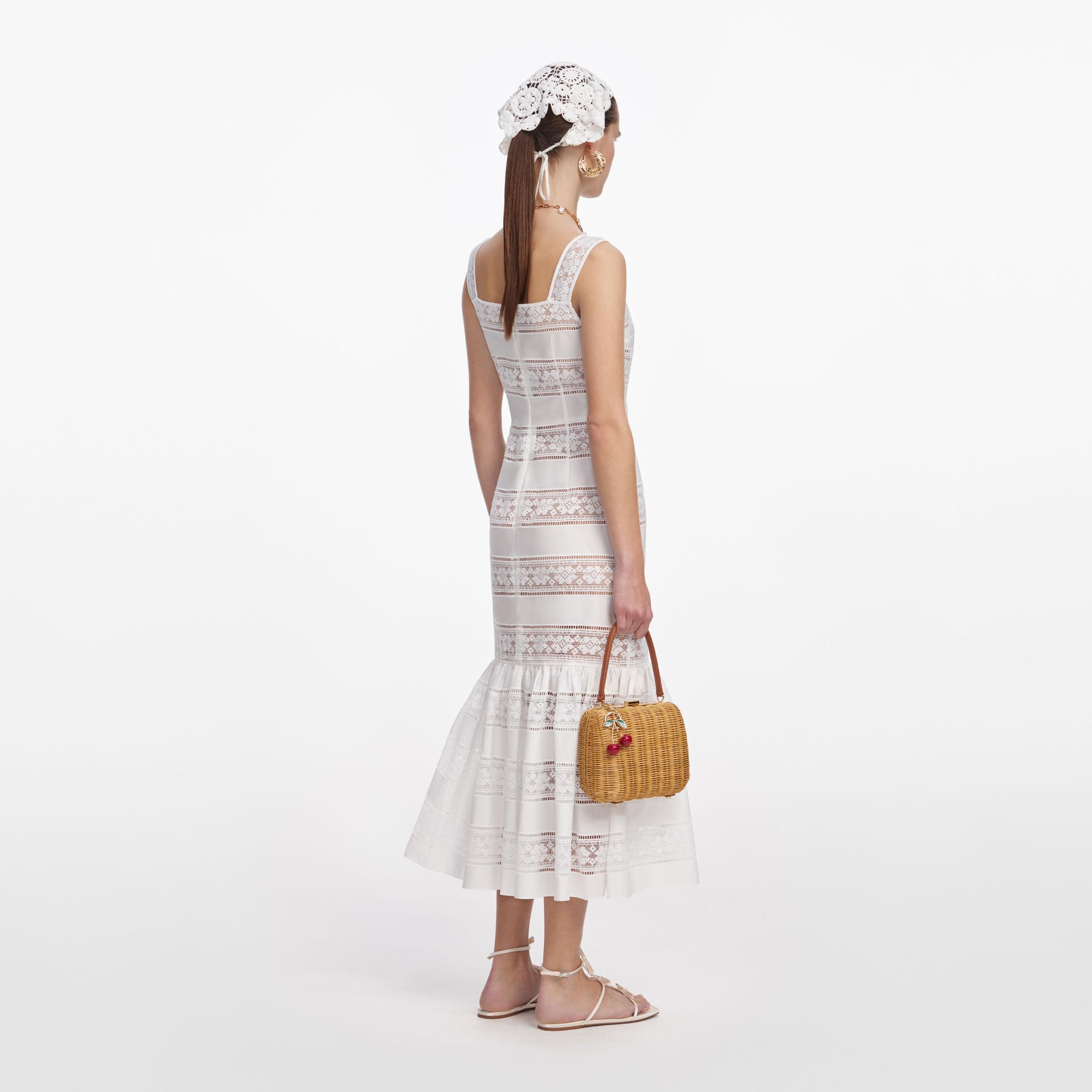 White Cotton Embroidered Midi Dress Product Image