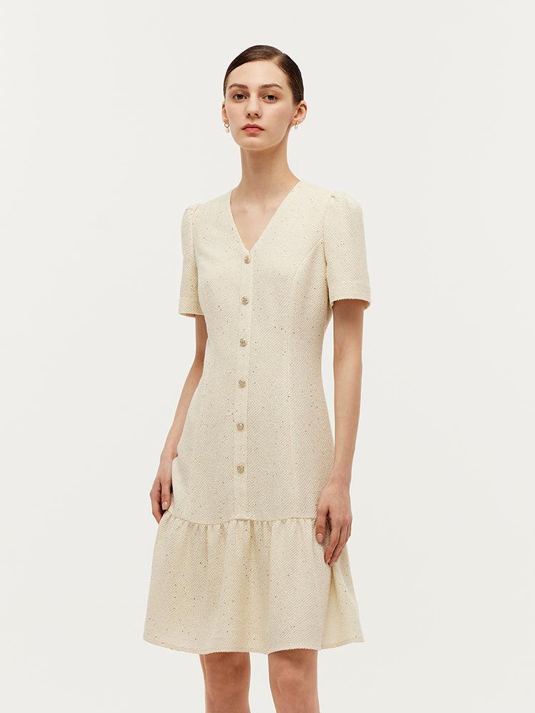 Tweed Sequins V-Neck Ruffle Hem Women Mini Dress Product Image